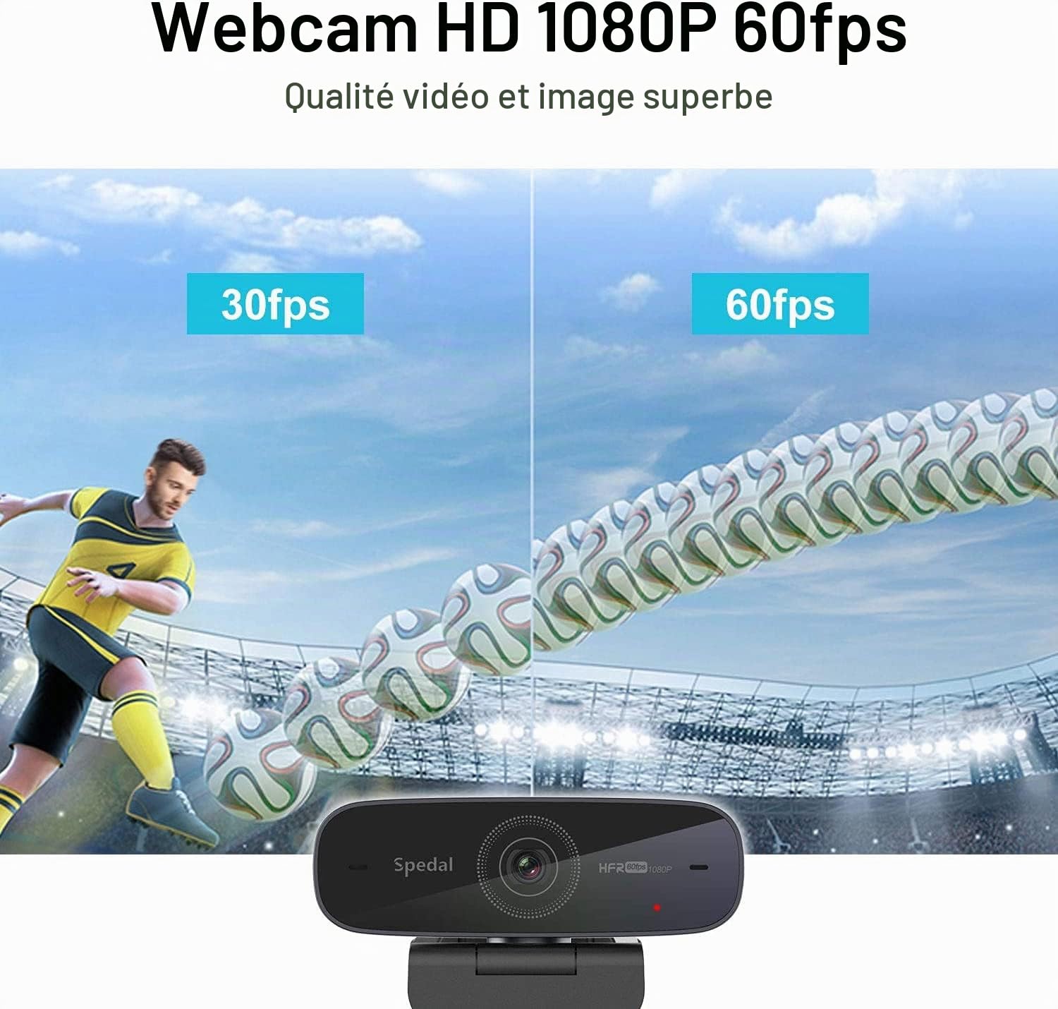 Spedal Webcam 1080P 60fps, Double Microphones Stéréo, Autofocus Live Streaming Caméra Web pour Skype Facebook OBS XSplit, Webcam Compatible avec Linux Mac OS Windows 10/8/7
