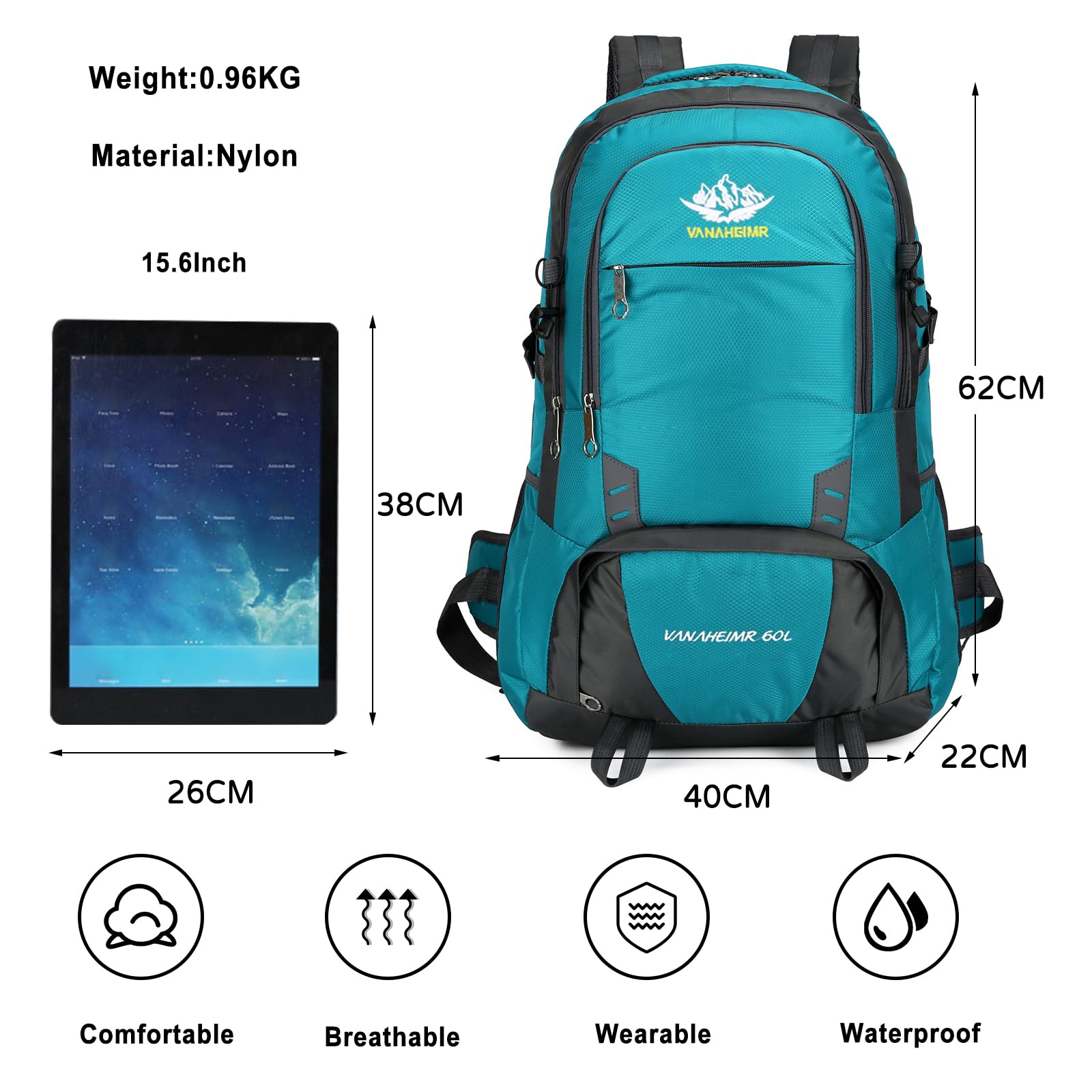 Zaino da Trekking 60L Zaino Impermeabile Zaini Hiking Backpack per Donna Uomo Campeggio Arrampicata Viaggio Sport Blu Lago