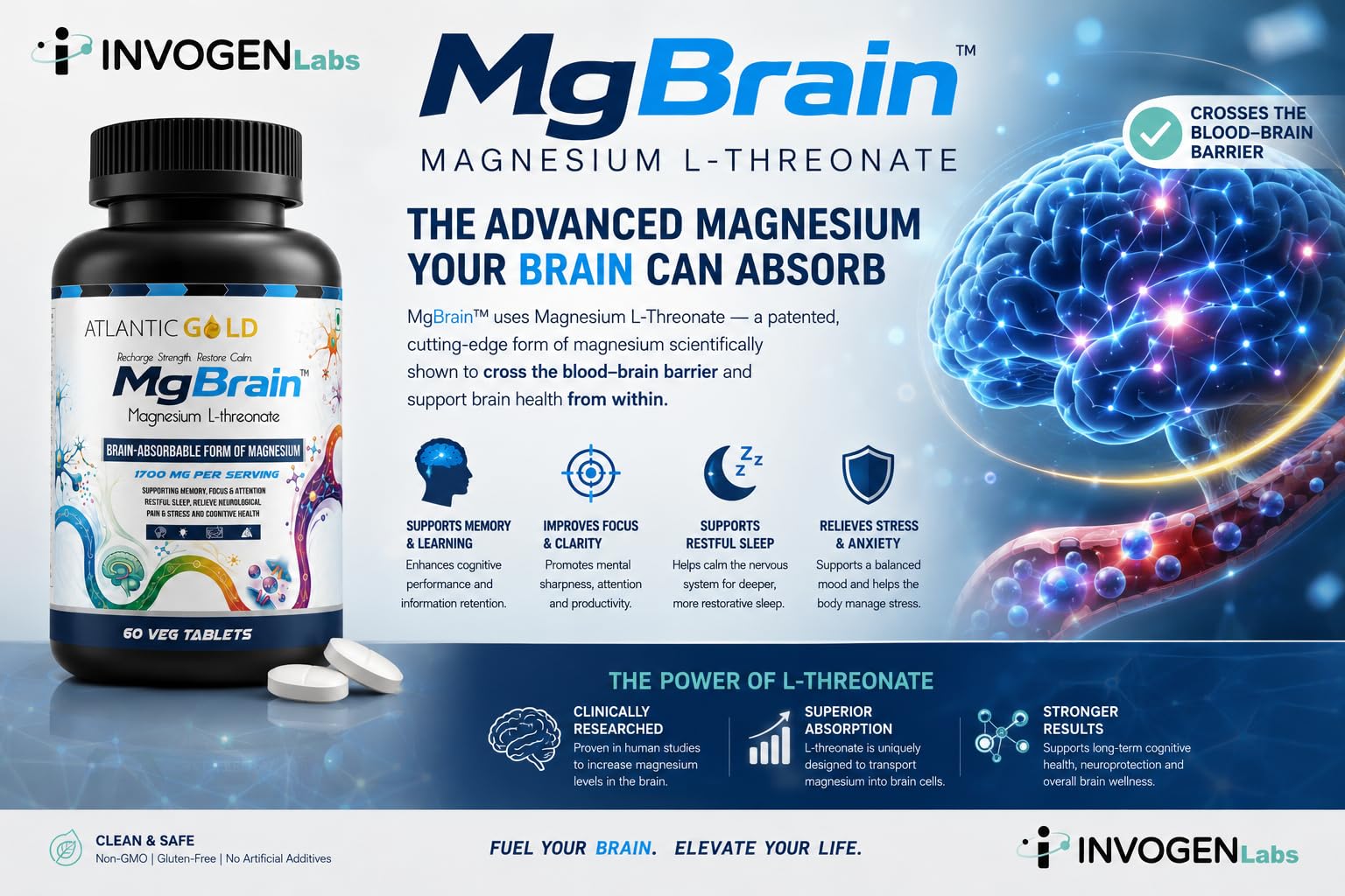 Atlantic Gold MgBrain Magnesium L-Threonate 1700 mg Per Serving | Brain-Absorbable Magnesium | Supports Memory, Focus & Attention | Helps Sleep, Stress Relief & Cognitive Health | 60 Veg Tablets — Amazon image 3