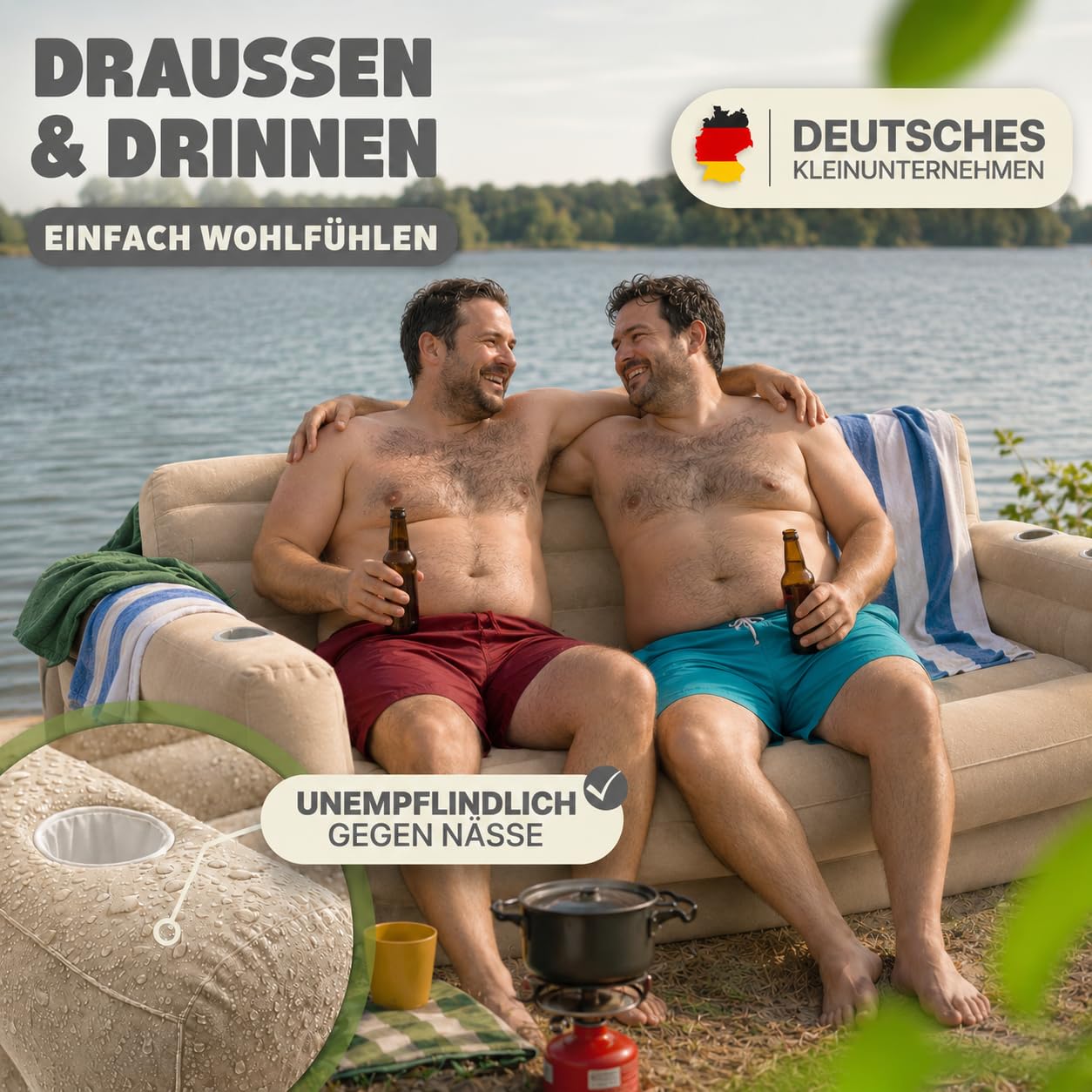 Aufblasbares Sofa Camping mit Pumpe – 2 in 1 Sofa Luftmatratze Camping 2 Personen – Bequeme Camping Couch – Weiche, geflockte Oberfläche – Gästebett aufblasbar (Creme)