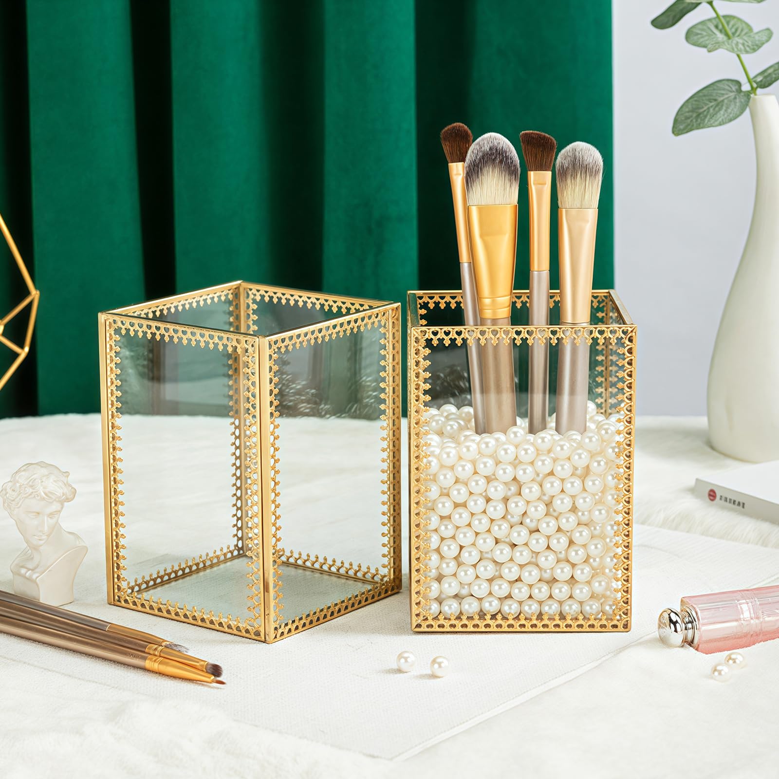 SLHEQING Glas Kosmetik Organizer Golden Vintage Makeup Organizer, Kosmetik Aufbewahrungsbox für Lippenstifte, Nagellack, Kosmetikpinsel Kosmetik