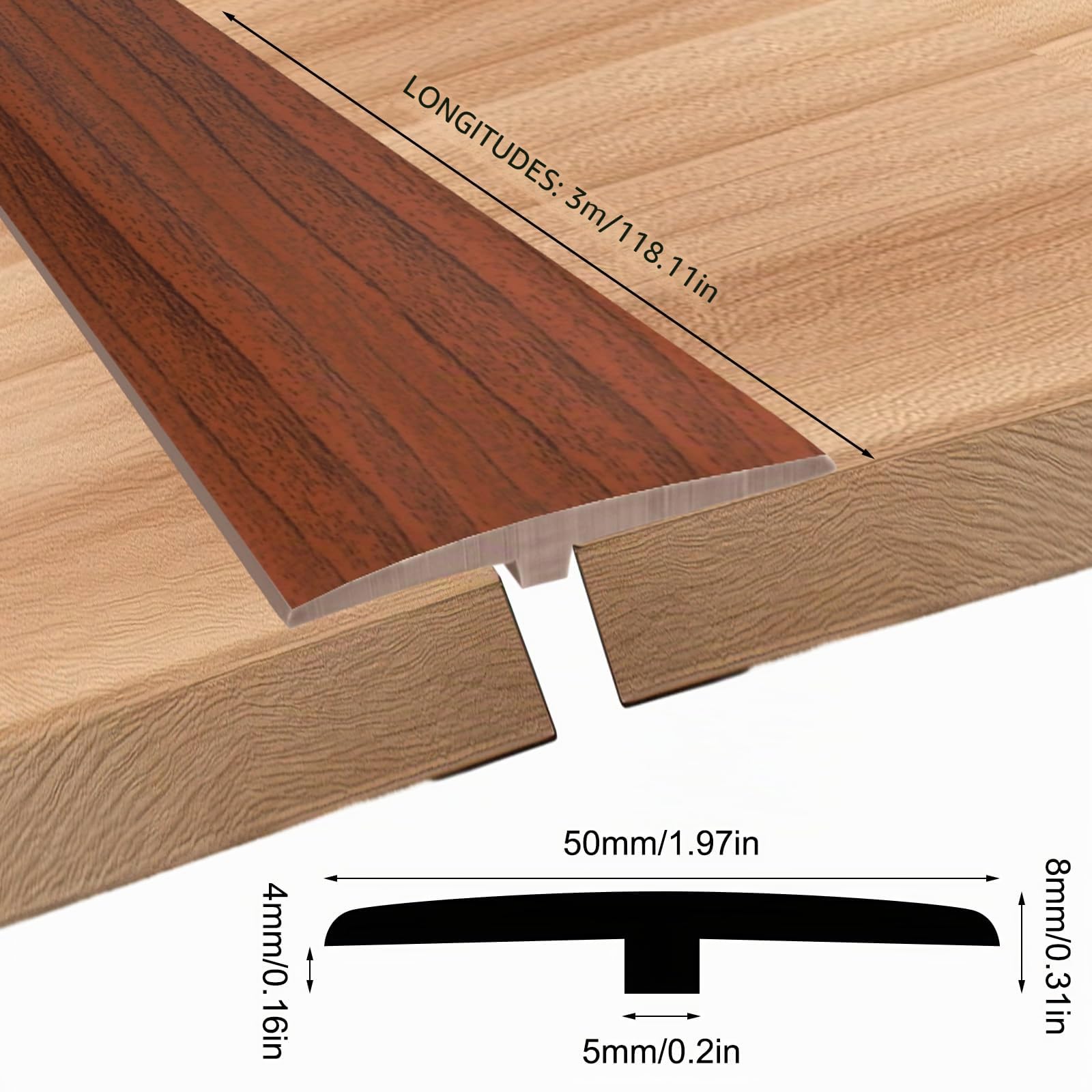 Perfil de Transición para Suelo - 5 cm x 3 m Perfil PVC Perfil Transición Suelo Desnivel Autoadhesivo, Perfil en T Listón de transición autoadhesivo, Listón Cubierta plana para juntas (Madera)