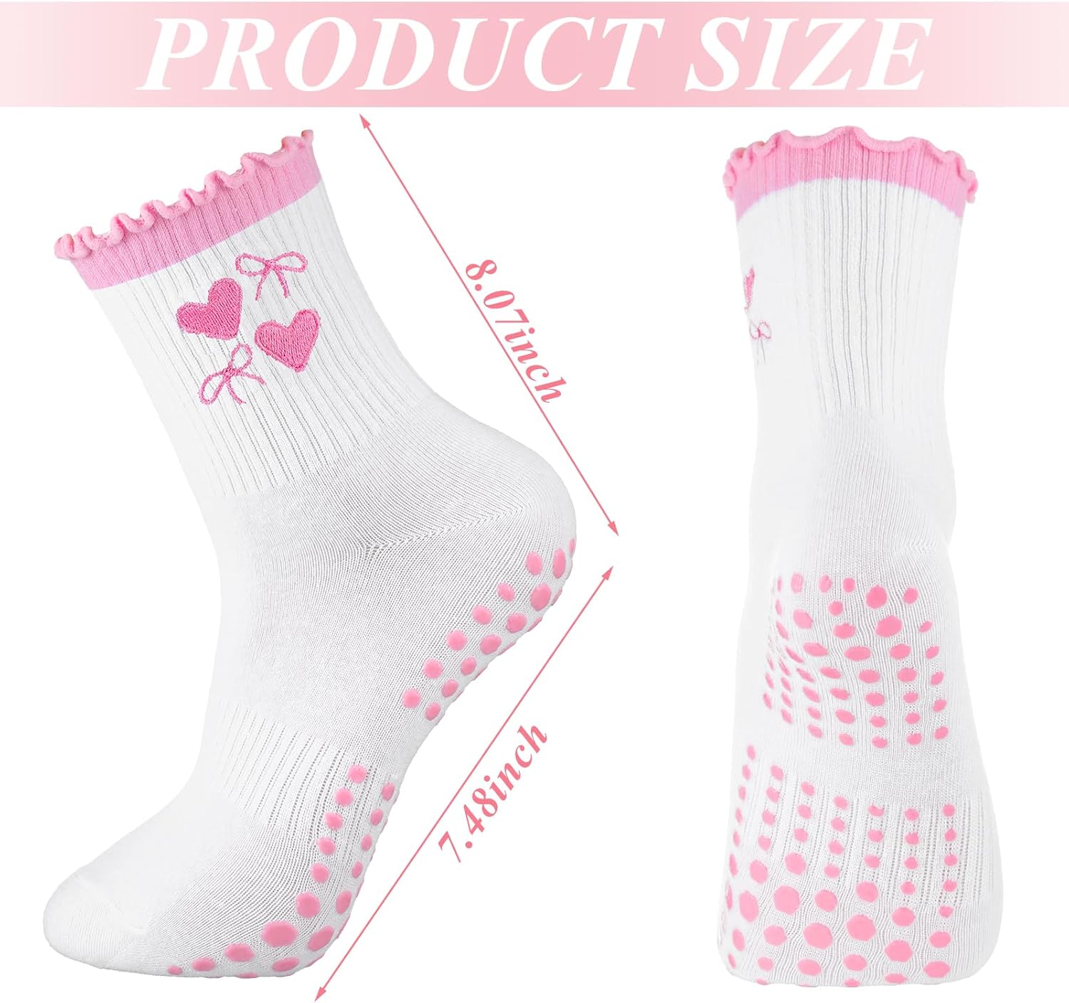5 Pairs Cute Pilates Socks with Grip for Women Cotton Non Skid Coquette Bow Cherry Ruffle Yoga Crew Workout Socks - Image 4