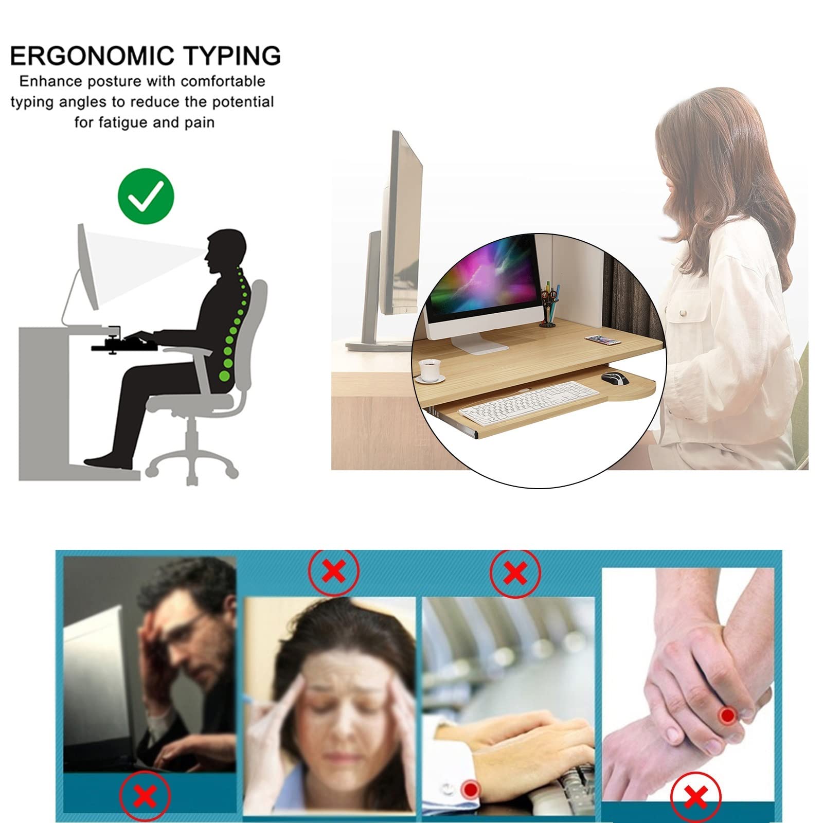 Bandeja ajustable para teclado debajo del escritorio, estante deslizante ergonómico para teclado con rieles de extensión, capacidad de carga de 24 kg, perfecto para nización y comodidad en el espacio