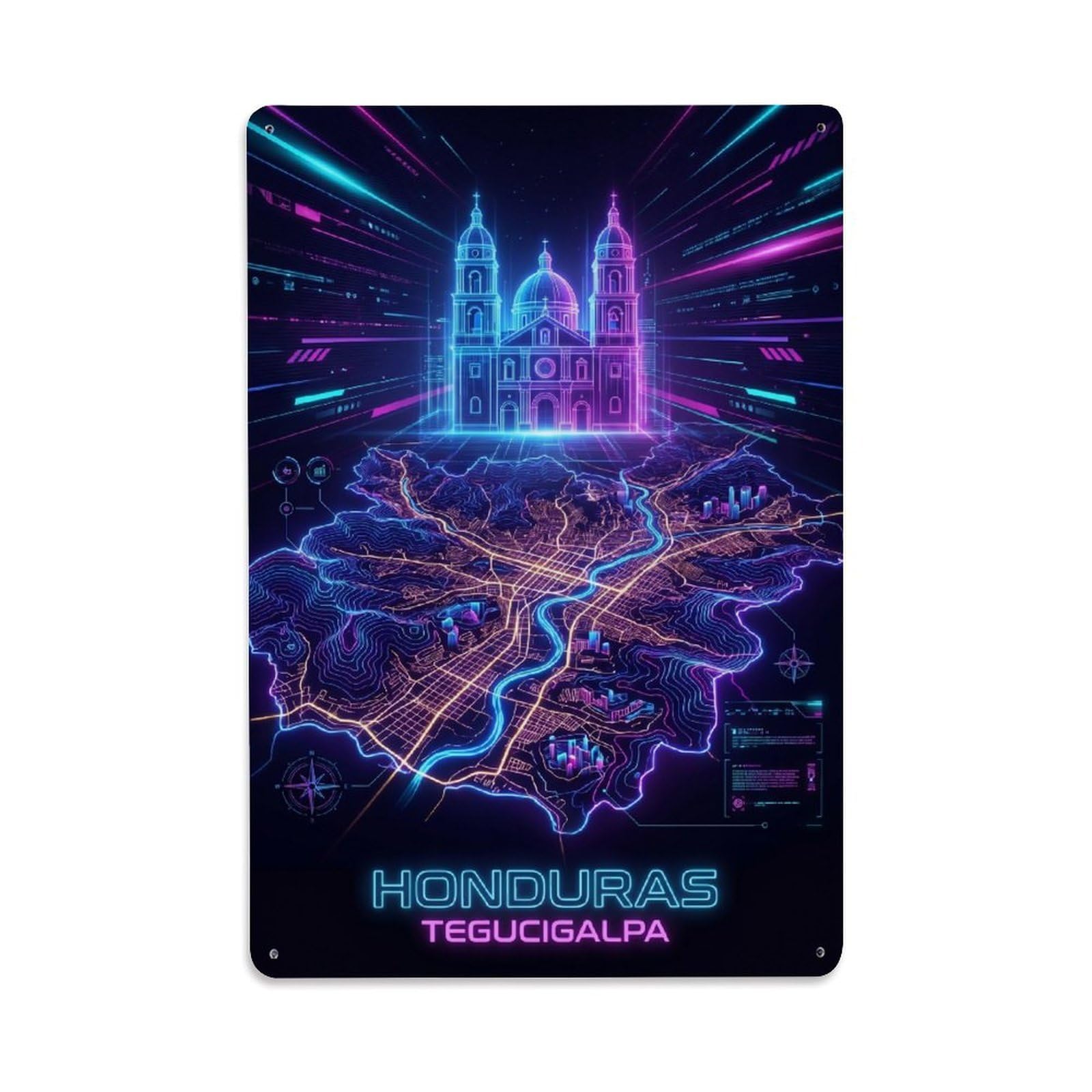 Tegucigalpa Honduras Cyber Synthwave Neon Capital Map Guide Metal Tin Sign Plaque Wall Decor for Cafe, Man Cave, Club Bar, Office, Home Garden Round Metal Poster 8x12Inch