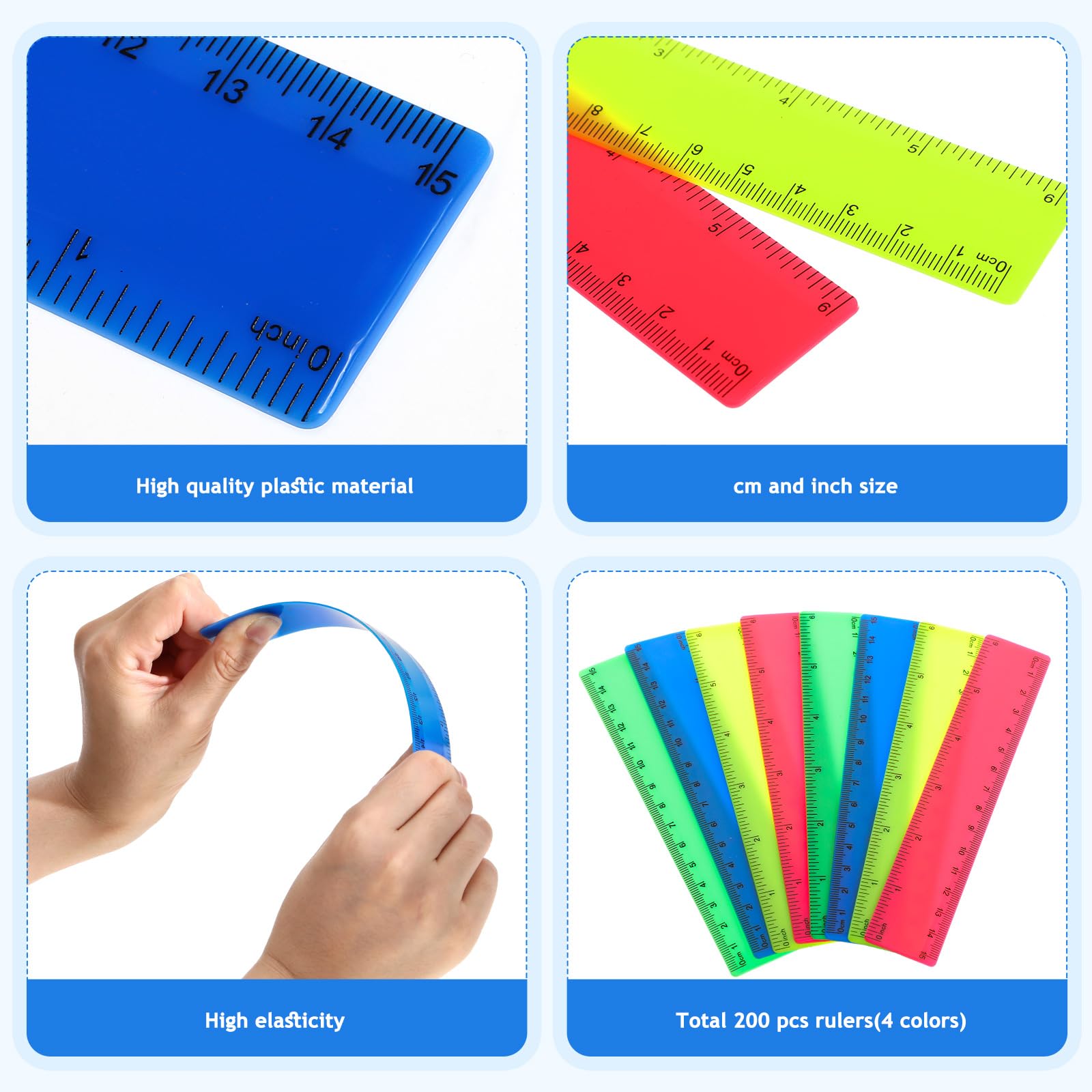 Zonon Lot de 200 règles droites en plastique souple avec pouces et centimètres pour le premier jour d'école pour les étudiants, la rentrée scolaire, fournitures de bureau (couleurs vives opaques, 15,2