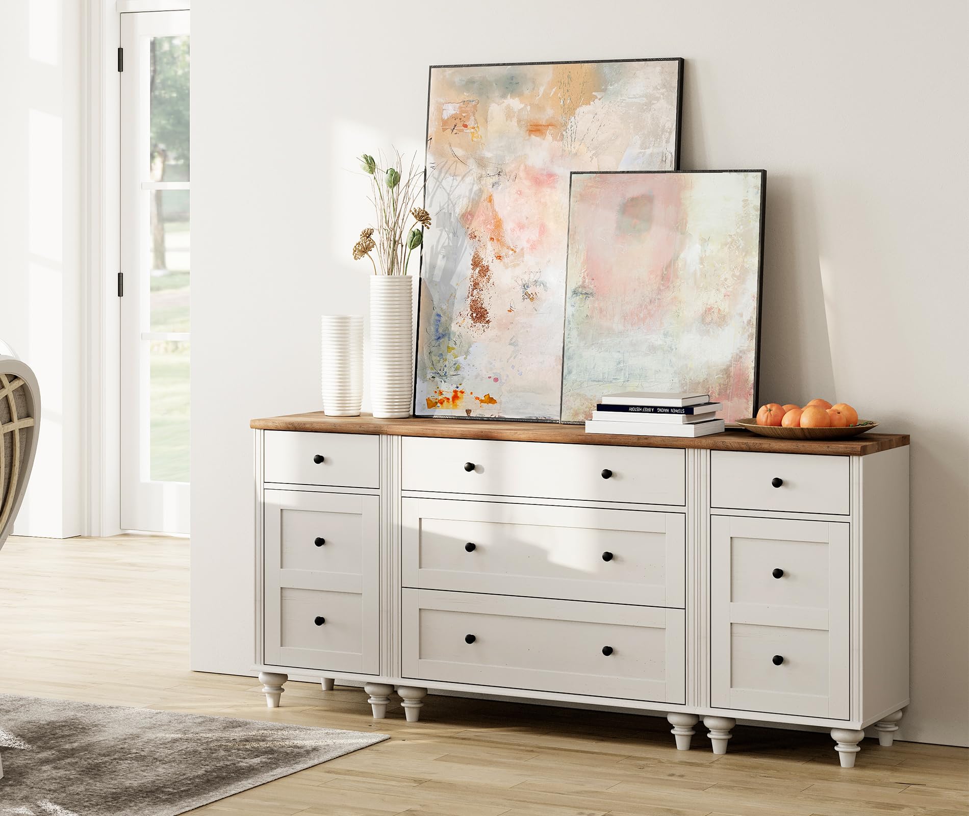 WAMPAT White Dresser for Bedroom with 5 Drawers and 2 Storage Cabinet, Mid Century Modern Kids Dressers with Wide Chest of Drawers for Nursery, Nightstands with Charging Station for Living Room