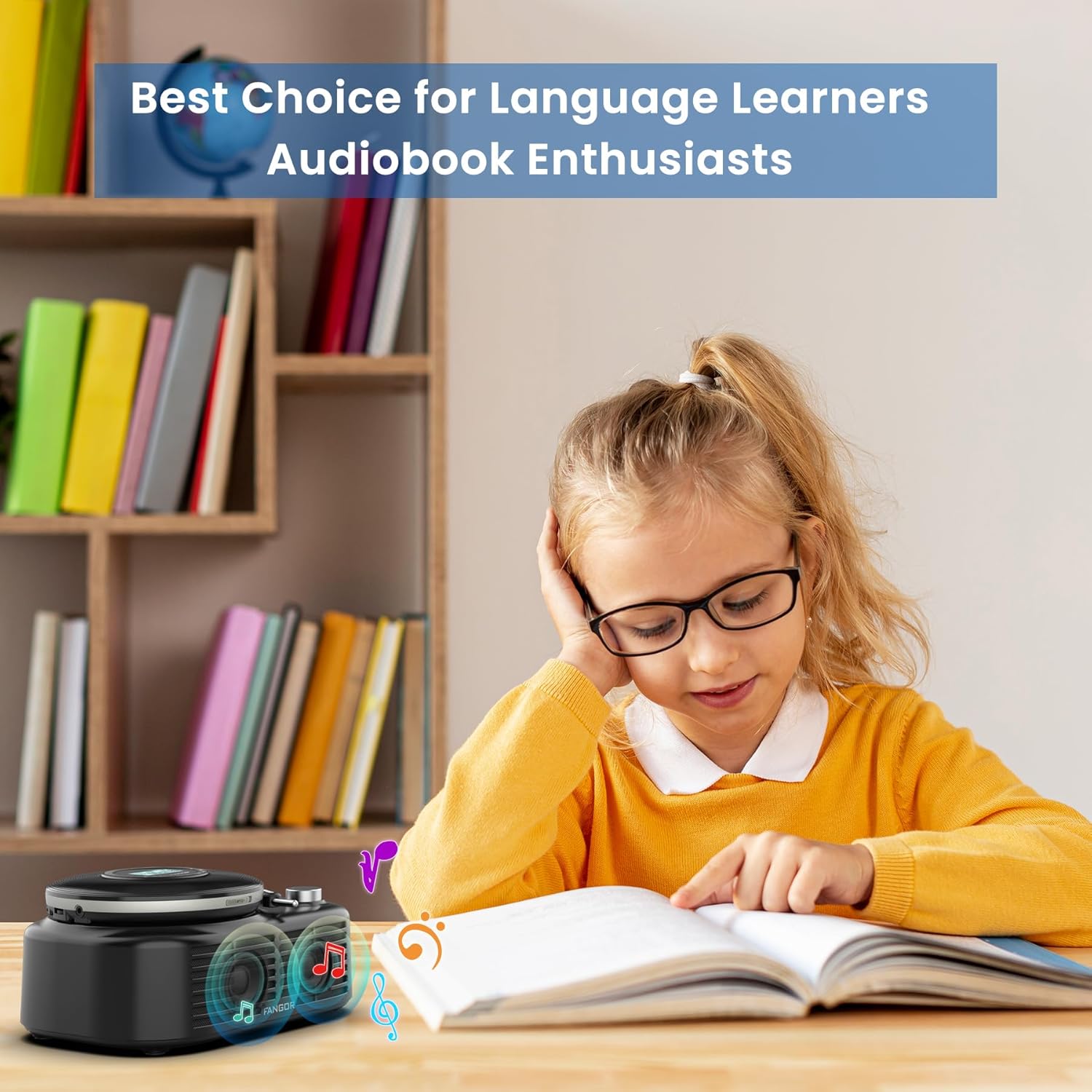 Image showing a child using the FANGOR F-CD-143 device for learning, with text 'Best Choice for Language Learners Audiobook Enthusiasts'.