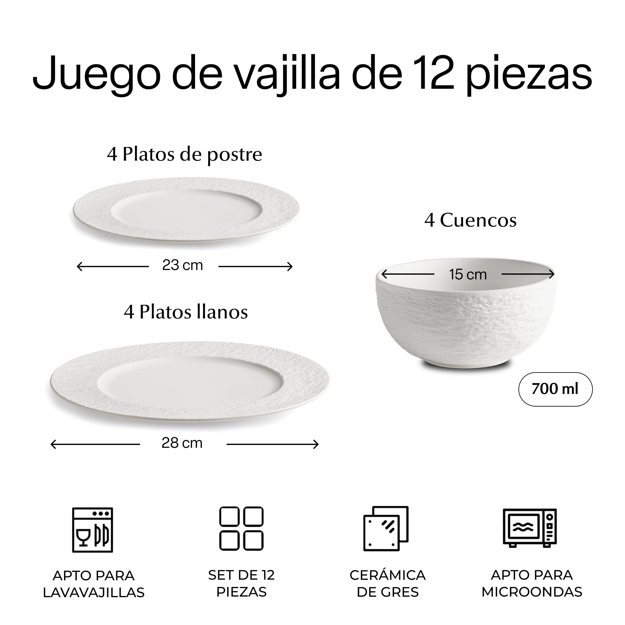 MIAMIO - Vajilla Completa 12 Piezas, Juego de Platos Cerámica, Cuencos, 4x Platos Llanos 28 cm, 4x Platos Postre 23 cm, 4x Boles 750 ml - Apto para Microondas y Lavavajillas - Colección Oasis (Blanco)