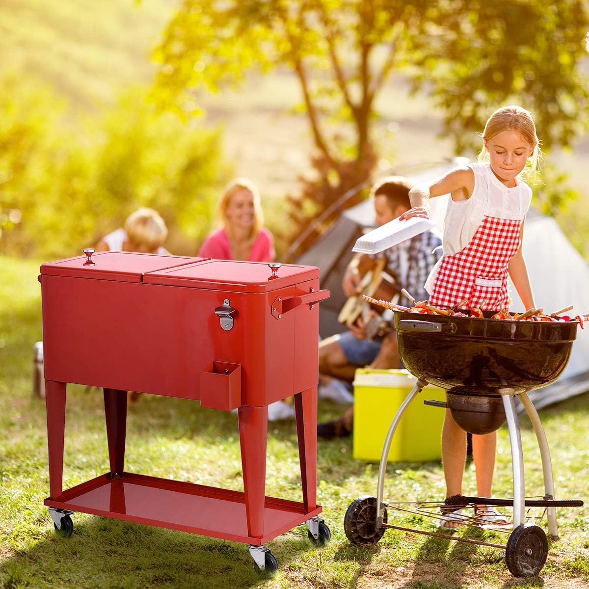 GOPLUS Carrito Nevera 76L, Nevera Portátil con Ruedas para Bebidas y Hielo, Bar Móvil con Sacacorchos y Estantes para Jardín Terraza Picnic Fiesta Exterior