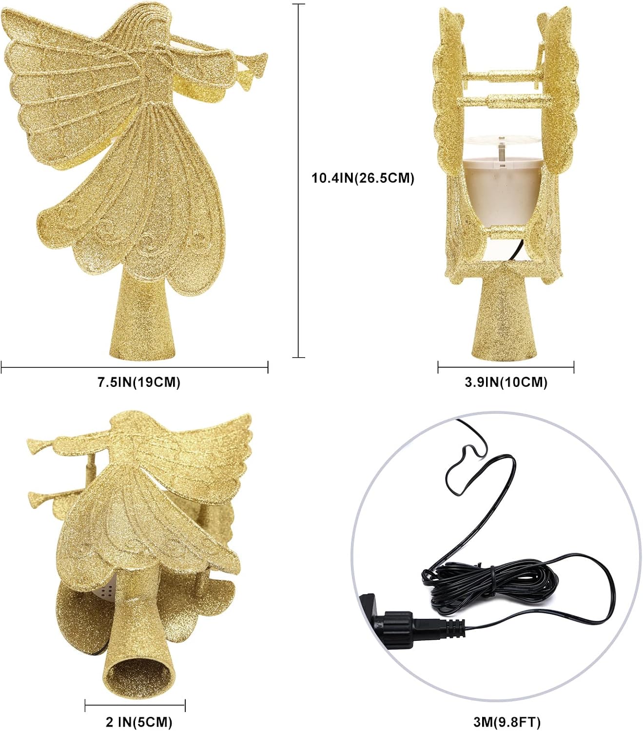 HEYHOUSE Christmas Tree Topper, Angel Christmas Tree Topper Lighted with 3D Magic Rotating LED Hollow Glitter Projector Xmas Tree Toppers for Christmas Decoration (Gold)