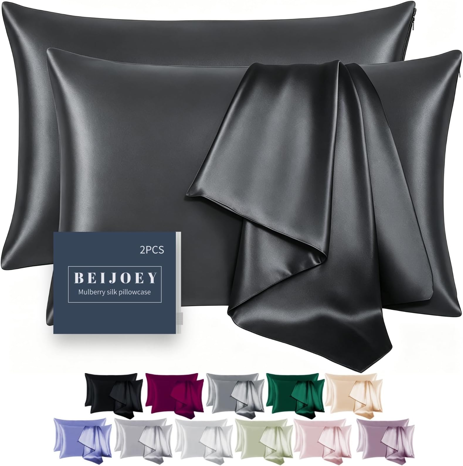 100% Mulberry Silk Pillowcase 2 Pack for Hair and Skin,with Hidden Zipper,Both Sides 19 Momme 600 Thread Count Natural Silk Pillow Cover,Soft Breathable Smooth (Black, Standard 20''x26'')