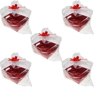 POPETPOP 5pcs Xmas Gift Basket with Handles, Thick Paperboard, Red | Cellophane Bag, Pull Bow Included, Reinforced Creases, Stackable Storage, Holiday Display, Matte Finish