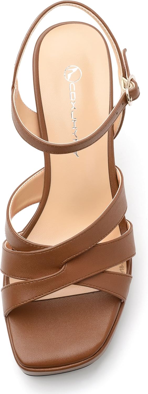 Women's Chunky Platform High Heels Block Heeled Sandals Open Square Toe Ankle Strap Dress Wedding Party Sandal Shoes 3.3'' - Image 6