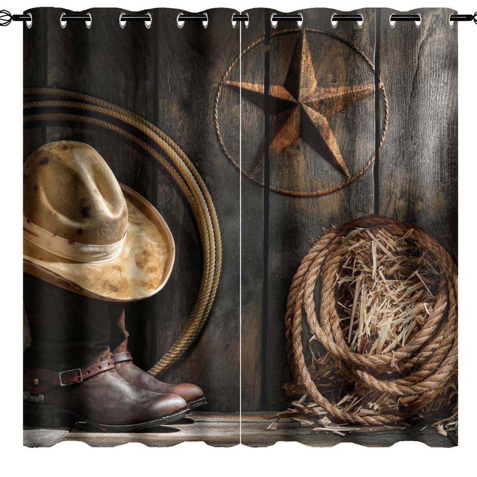 Western Farmhouse Room Darkening Blackout Window Curtains with Grommets,Rustic Cowboy Leather Boots Texas Star Hat on Wooden Energy Efficient Window