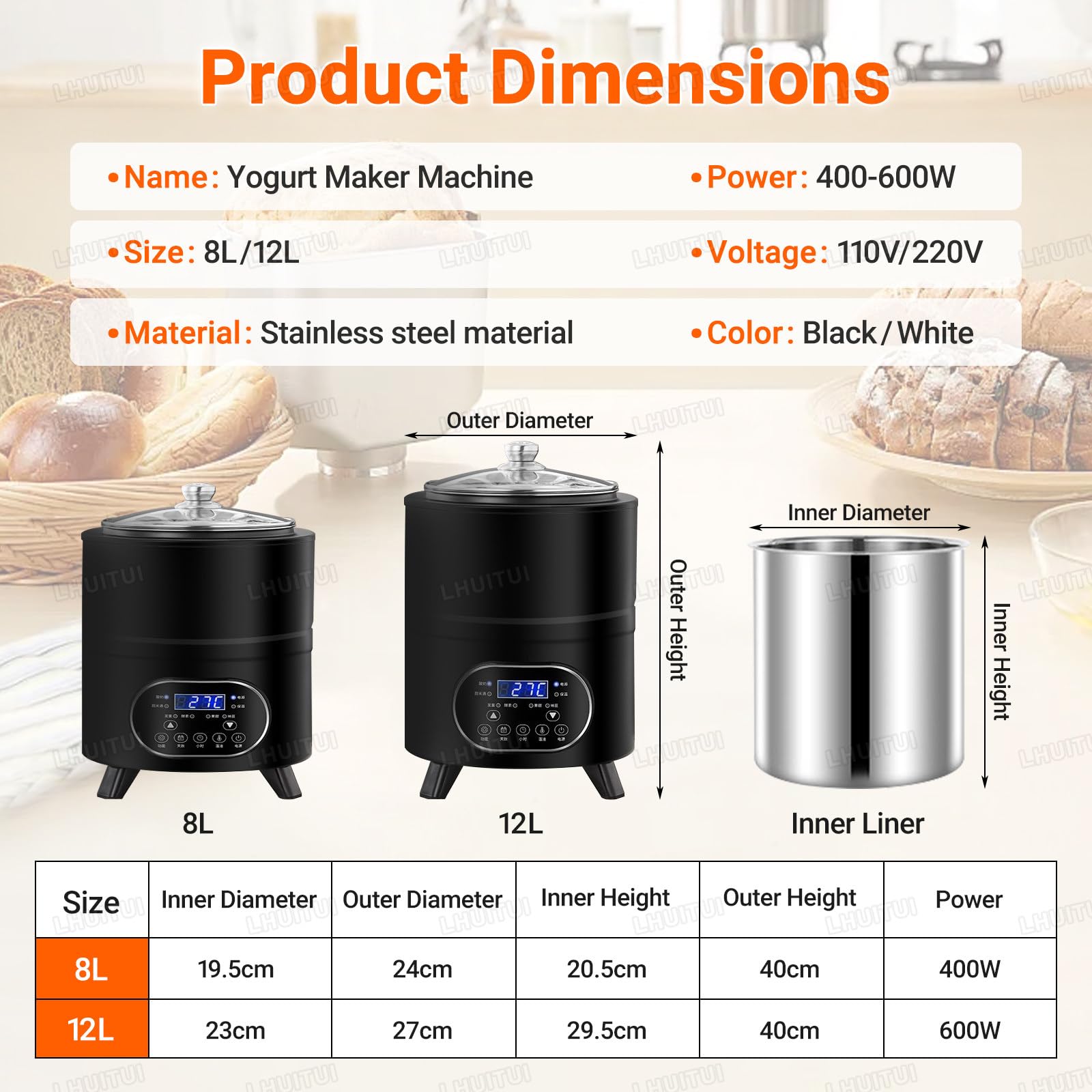 Fermenteur Multifonction 8L/12L, Yaourtière avec Écran LCD Black-12L