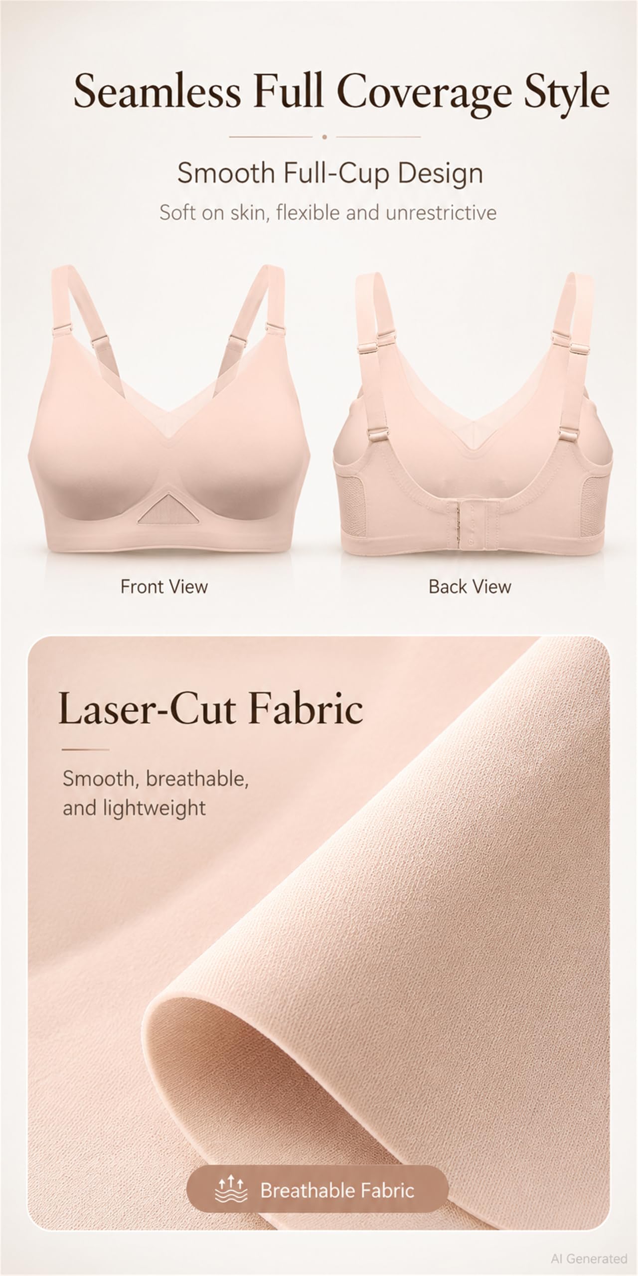 Reggiseno da donna senza fili, senza cuciture, push-up, con rete a V | Coppe modellate sottili, spalline regolabili, chiusura posteriore a tre file, abbigliamento quotidiano