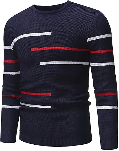 Camisas de manga larga para hombre, suéter de punto a rayas, casual, elegante, sólido, cuello redondo, suéter cálido 2023