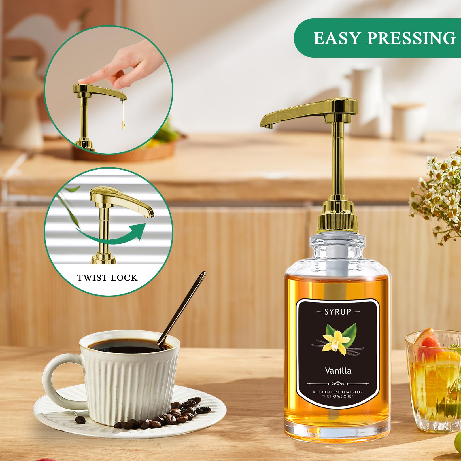 HMJIA Coffee Syrup Dispenser for Coffee Shop 16oz 500ml Glass Syrup Bottles with 16 Waterproof Labels Syrup Pump for Restaurant, Bar or Ice Cream Shop ( 500, Round, 4, Gold