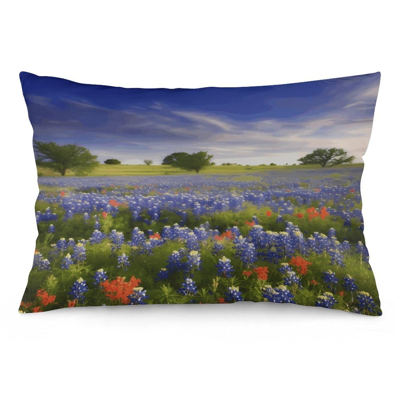 Texas Bluebonnets Scenery Throw Pillow Cover Soft Lumbar Pillow Covers with Zipper Breathable Rectangular Cushion Case Polyester Pillow Case Decorative Body Pillow Cover for Couch Bed