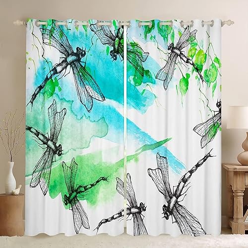 Miniatura 1 de Sxakswol Cortinas opacas 3D de libélula, cortinas de insectos para dormitorio, sala de estar, libélula de ventana, cortinas con aislamiento térmico,
