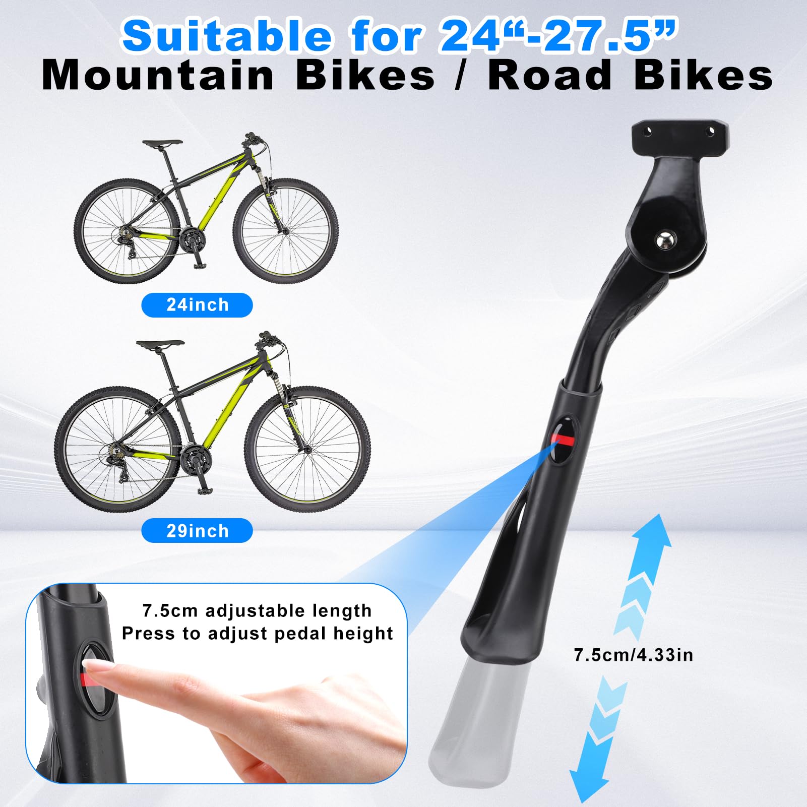 Gugxiom Béquille de vélo réglable, en alliage d'aluminium, hauteur réglable, antidérapante, béquille latérale universelle de remplacement pour vélos électriques VTT