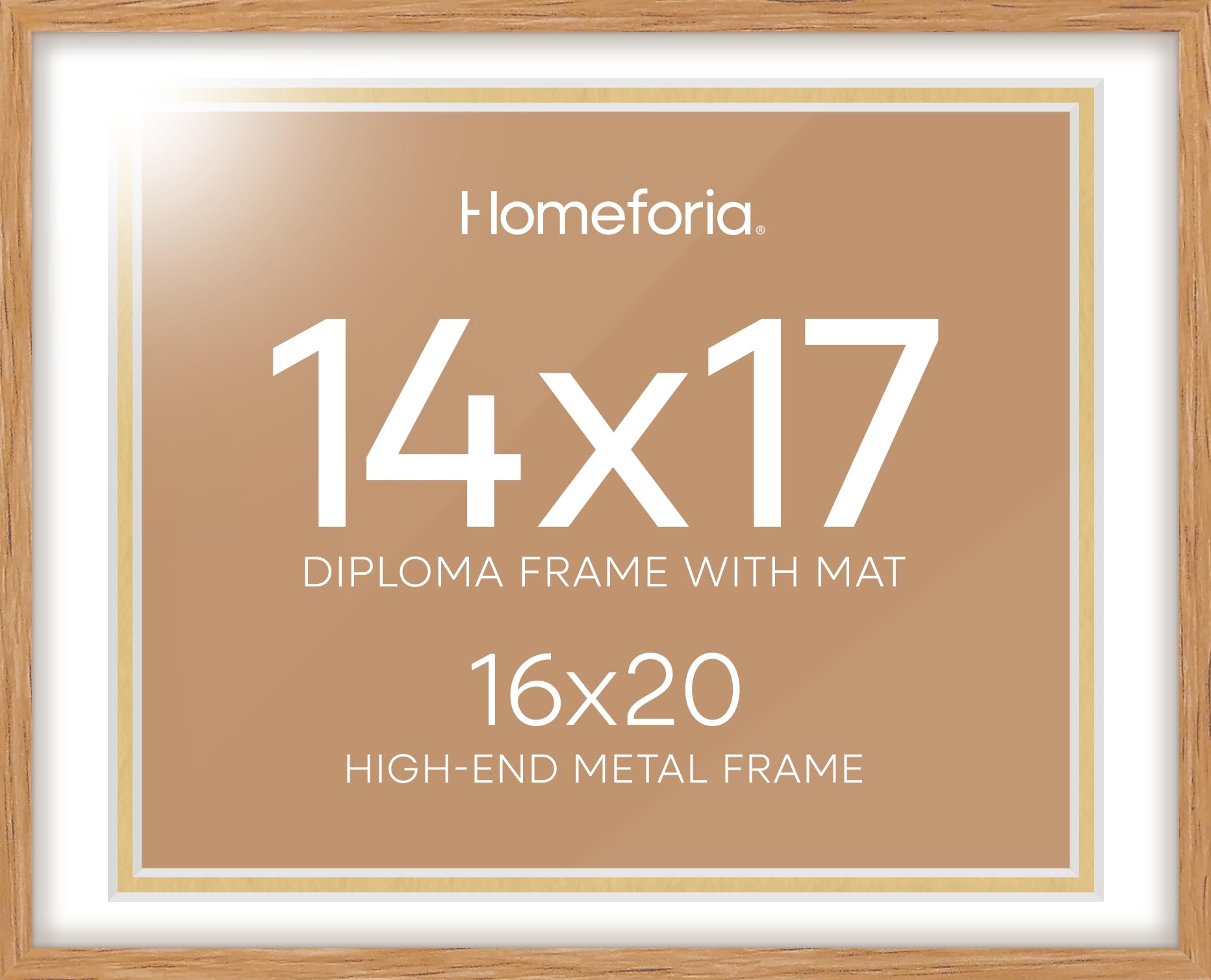 Homeforia 16x20 Diploma Wood Frame, High End Natural Oak 16by20 Certificate Frames with Mat for 14x17, 20by16 Document Matted Frame, Graduation Degree Wooden Frames, Tempered Glass, Wall Kit, Set of 1