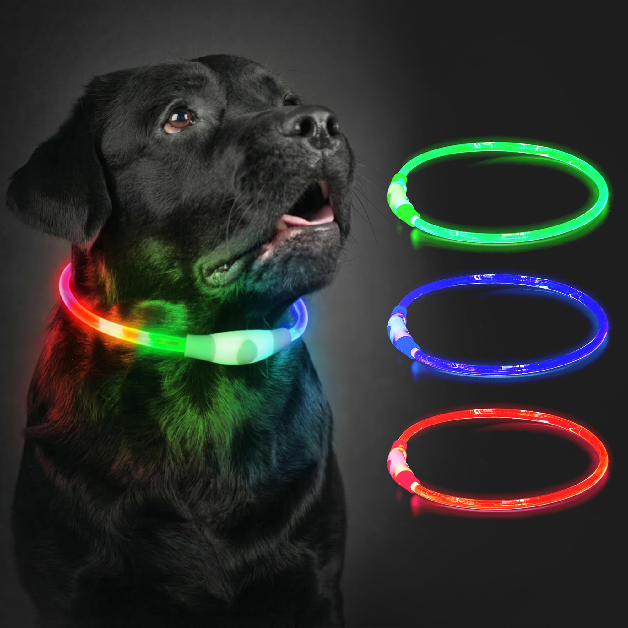 Light Up Dog Collar Rechargeable, LED Collar Waterproof with 3 Flash Glowing Modes, Dog Light for Outdoor Night Walking Visible Safe, Cut to Adjust for Small Medium Large Breed, 70cm, Rainbow