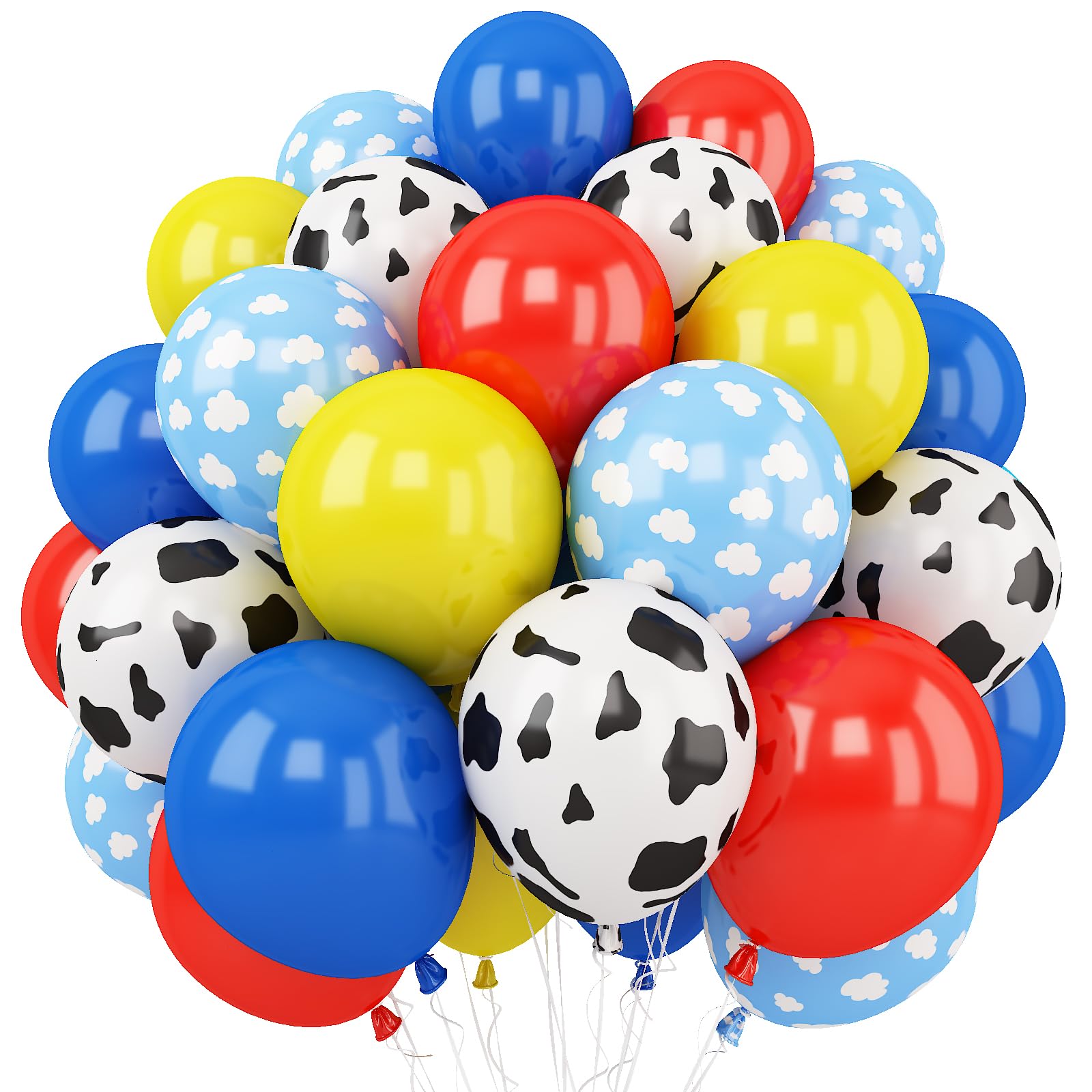 Toy Birthday Theme Balloon, 12 Inch Red Blue Yellow Balloons with Cow Print and Sky Blue Cloud Balloons for Kids Boys Cartoon Story Birthday Carnival Colorful Outdoor Party Decorations