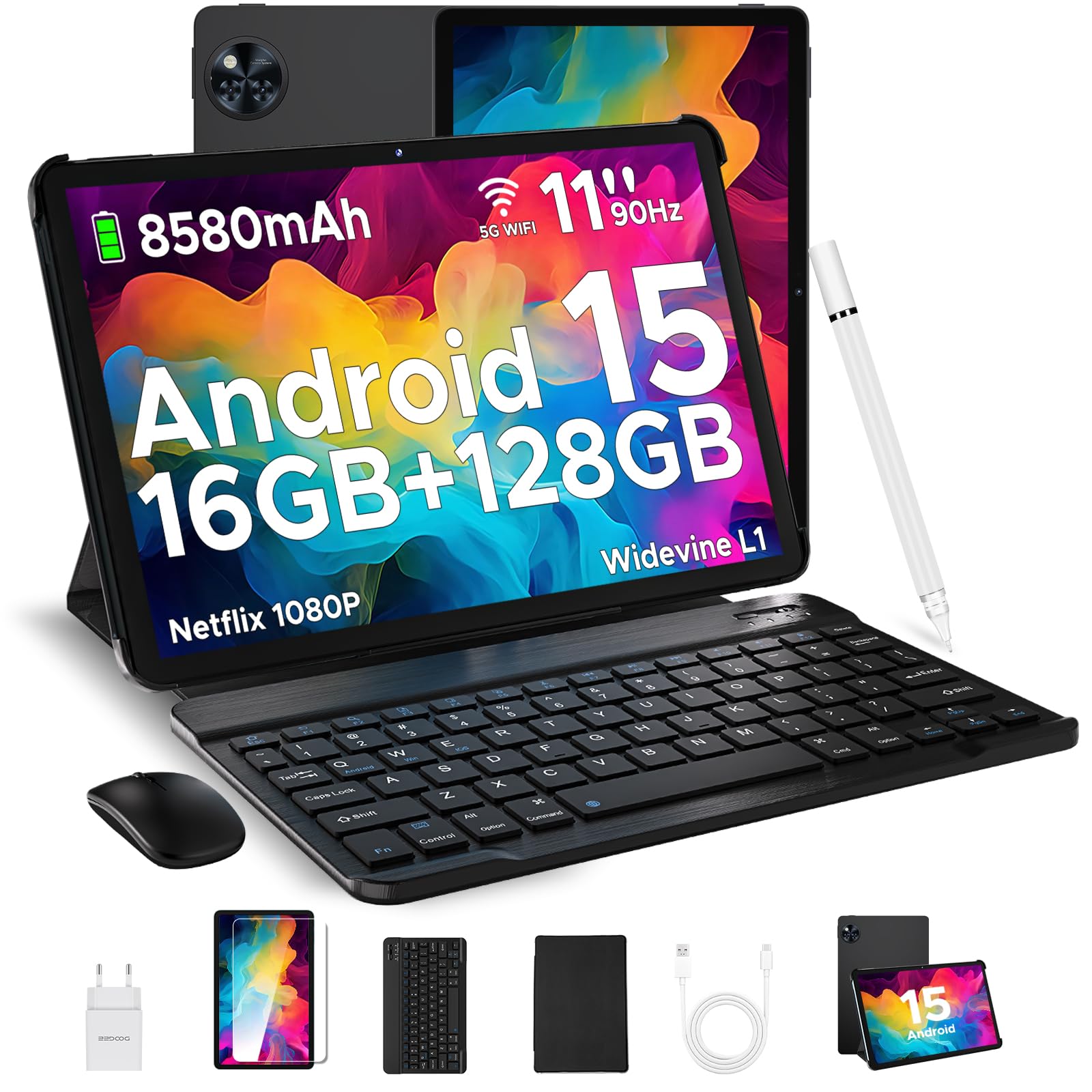 DOOGEE U11 2025 Latest Android 15 Tablet 11 Inch 16GB+128GB (2TB TF) Widevine L1 Gaming Tablets, 8580mAh, Octa-Core, 2.4G+5G WiFi, 13MP+5MP, Tablet with Keyboard, Mouse, Pen, Case and Screen Protector