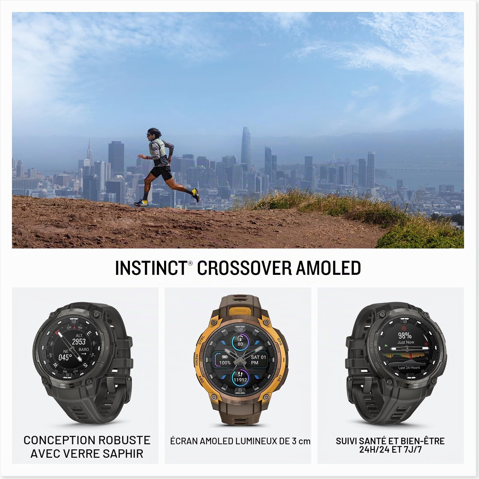Garmin Instinct Crossover AMOLED Montre Intelligente GPS Hybride Robuste avec Aiguilles analogiques et écran AMOLED Lumineux, Anthracite avec Bracelet en Silicone Anthracite