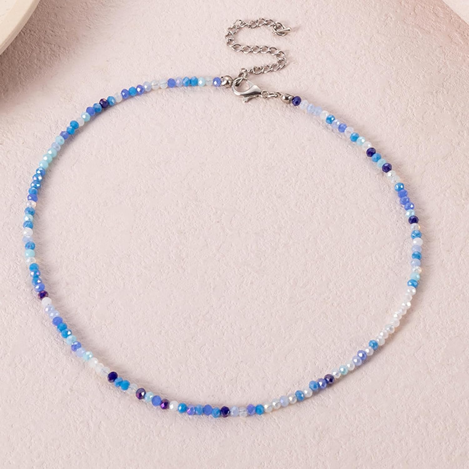 Dainty Colorful Crystal Beaded Chain Adjustable Lightweight Choker Necklace Handmade Bohemian Shiny 3mm Rice Stone Beads Necklace Boho Summer Beach Jewelry for Women