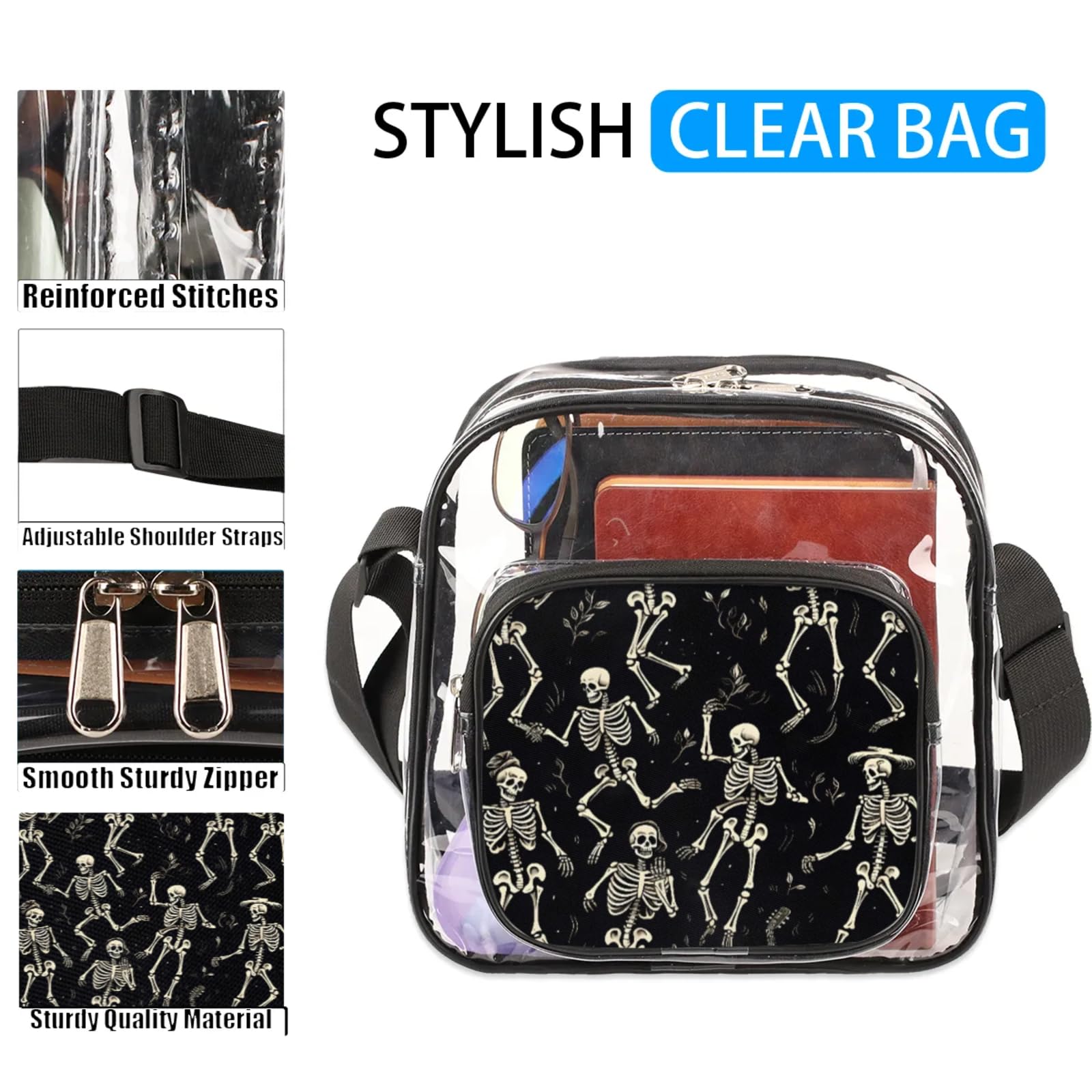 GzLeyigou Clear Crossbody Bag Stadium Approved Happy Skull Transparent Bag for Festivals, Sports Events, Concerts,Beach Bag for Women Men Halloween Clear Purse with Front Pocket Messenger Bag