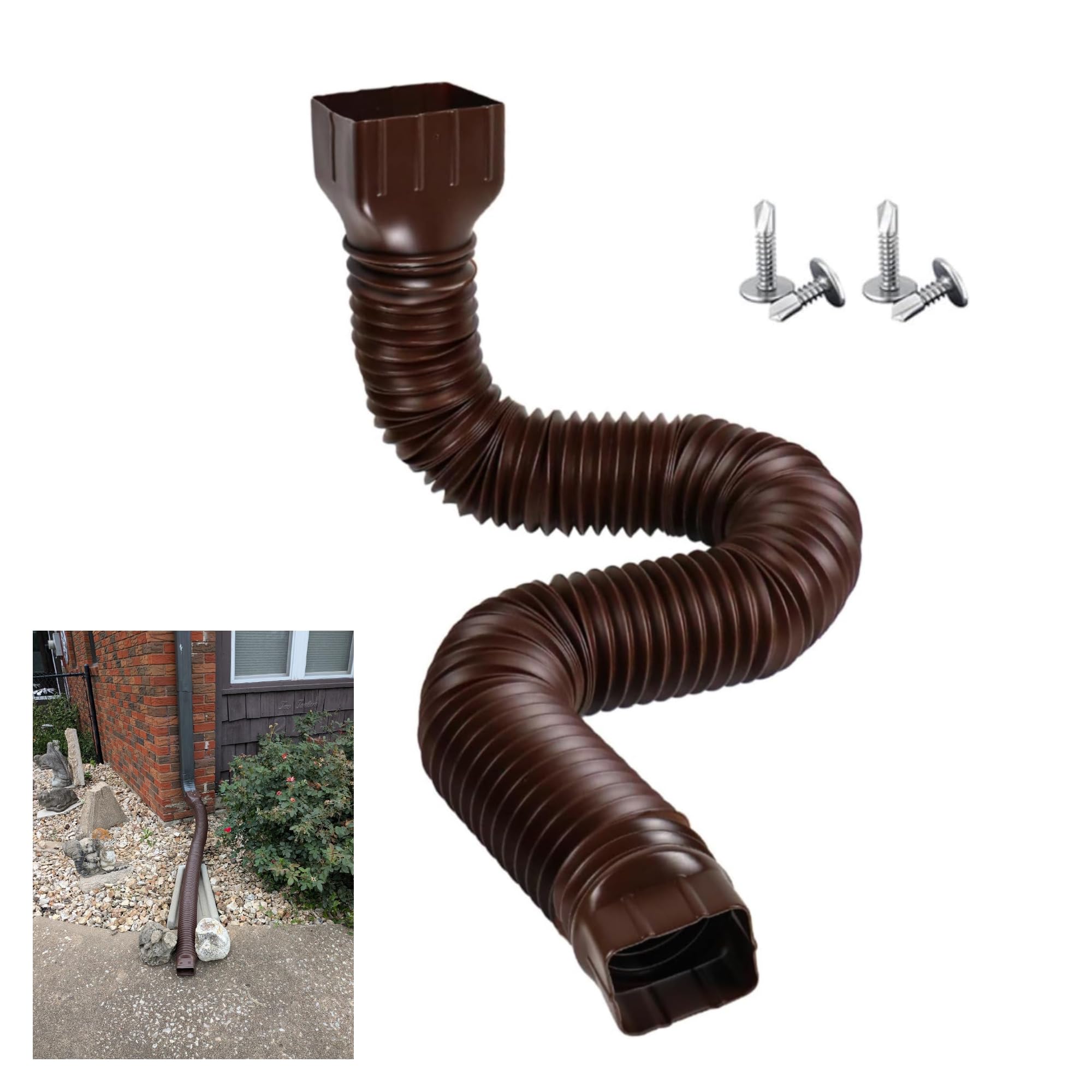 Segutage Brown Rain Gutter Downspout, Flexible Pe Extendable Drain Away Extender Down Spout Drain Extension Pipe For Outdoor Villa Round (Brown)