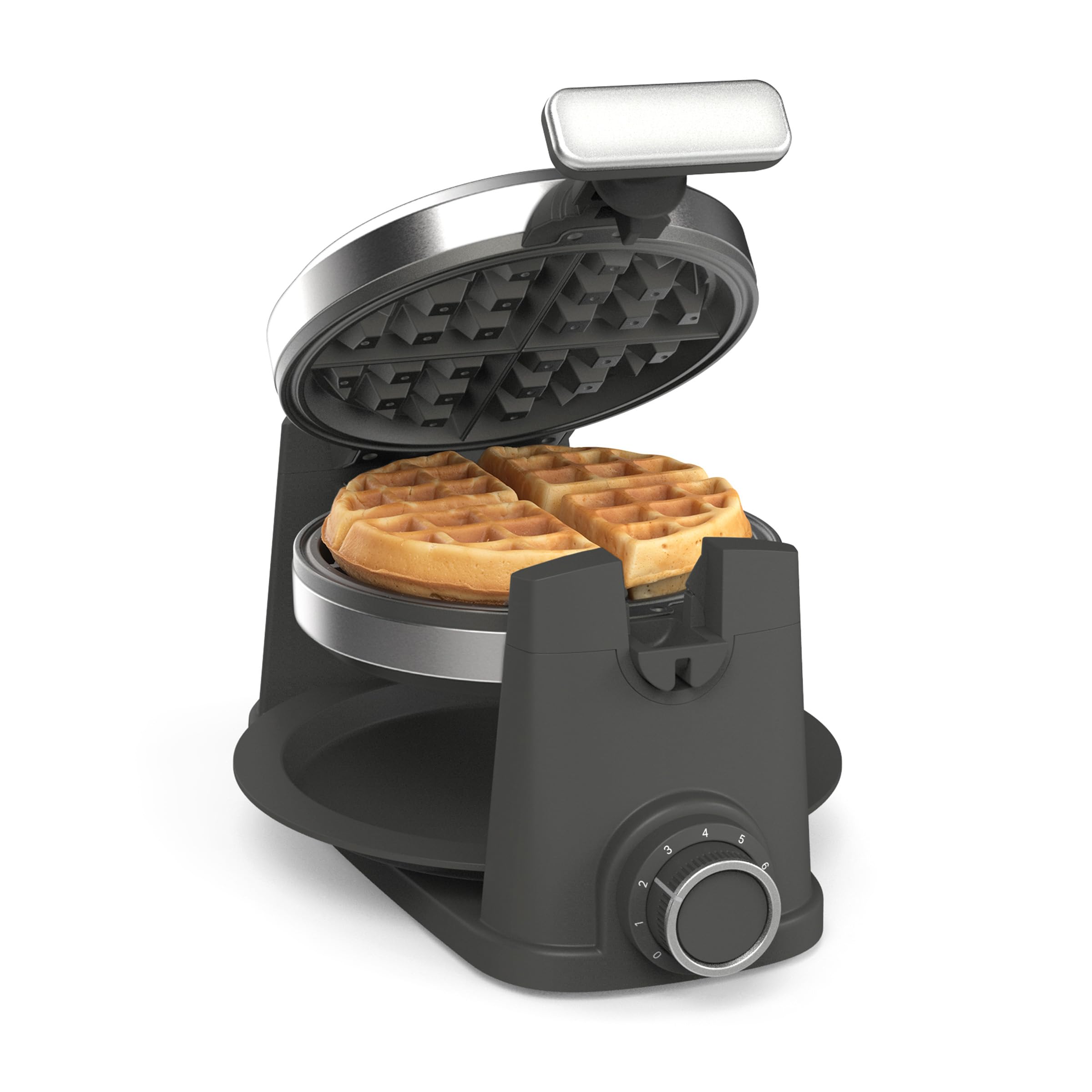 Martha Stewart Rotating Waffle Maker, 180° Flip Iron with PFAS-Free Nonstick Plates, Adjustable Timer, Ready Light, Drip Tray, Space Saving, Classic Round 7”, Easy to Clean, Stainless Steel, Caviar - 2