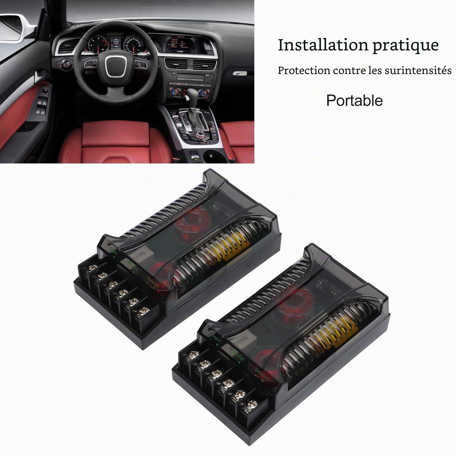 Crossover Audio de Voiture 2 Voies, Diviseur de Fréquence de Haut-parleur 2 Pièces, Croisement Passif Audio de Voiture Jusqu'à 300 Watts, Protection contre les Surintensités, Dissipation Thermique, Di