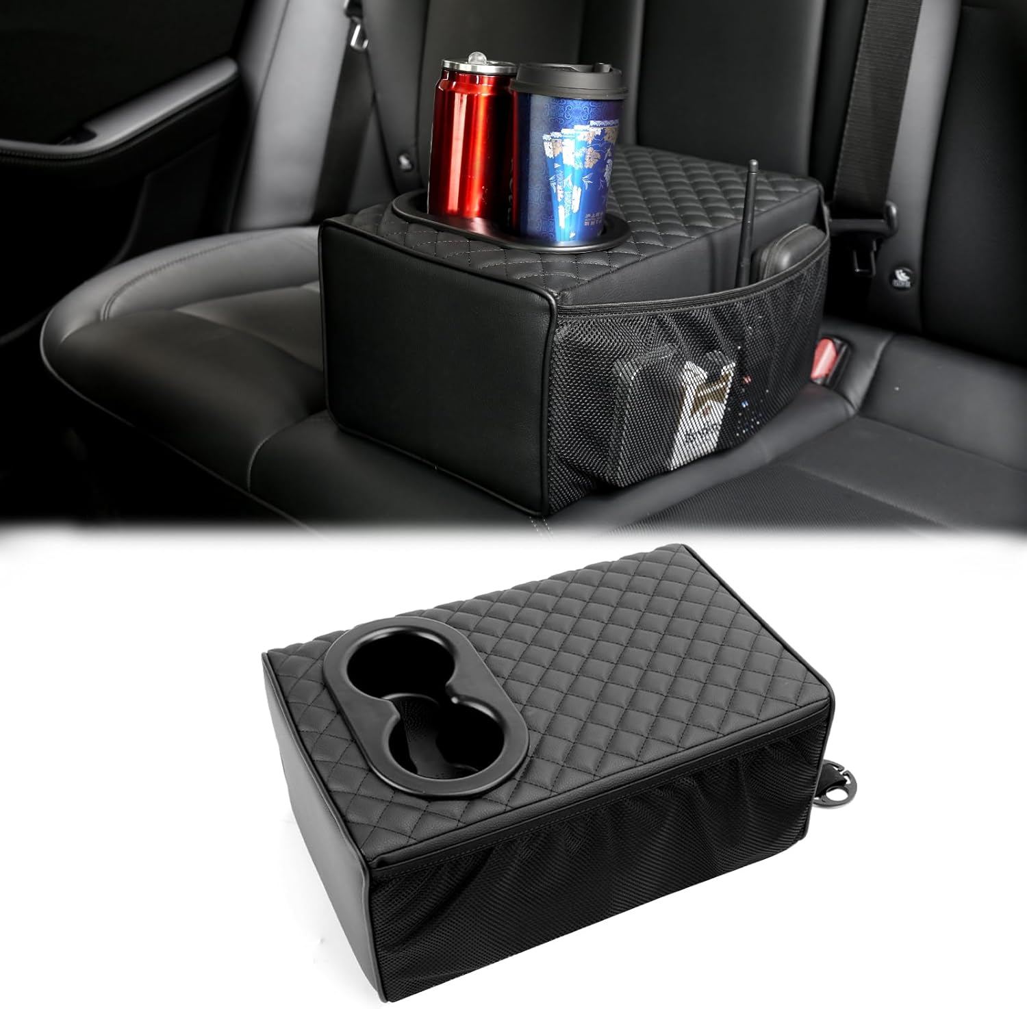 Guina Universal Rear Seat Armrest Console Box with Dual Cup Holders, Memory Foam & Faux Leather, 2 Row Backseat Center Console with Double Pockets, Compatible with SUV, Car,Truck,Pickup - Black