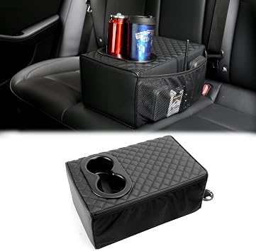 Guina Universal Rear Seat Armrest Console Box with Dual Cup Holders, Memory Foam & Faux Leather, 2 Row Backseat Center Console with Double Pockets, Compatible with SUV, Car,Truck,Pickup - Black