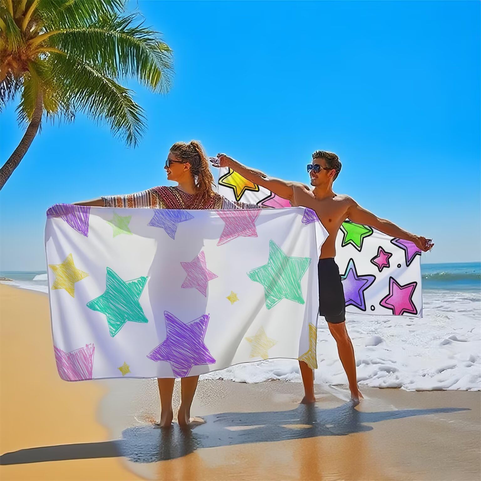 Kolorowy ręcznik plażowy dla dorosłych, ręcznik z mikrofibry 90 x 200 cm, duży, 2 szt., unikalne zatrzaskowe, chłonne, szybkoschnące, odporne na piasek, lekka konstrukcja, do pływania, jogi, podróży