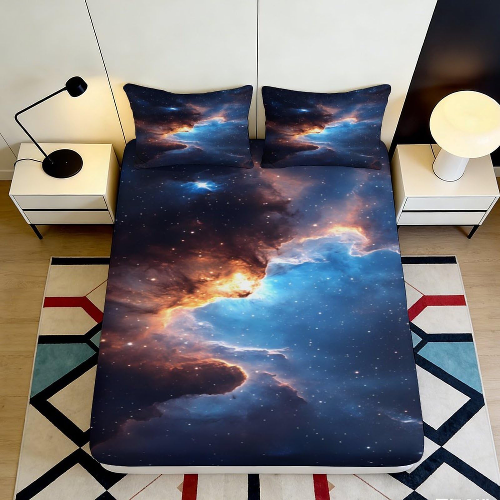 3D Printed Galaxy Starry Sky Fitted Sheet Microfiber Soft Cosmic Nebula Mattress Cover Bedroom Decor Easy Care 90x200x25cm