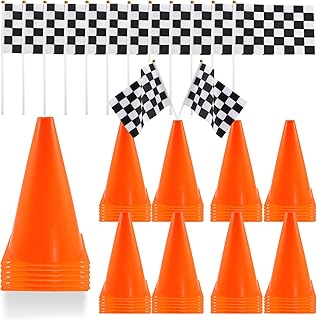 24 Pcs Traffic Cones and Racing Checkered Flags,12 Plastic Traffic Cones,12 Checkered Flags with Sticks,Orange Sports Cones Soccer Training Cones,Race Car Party Supplies,Racing Theme Party Decoration