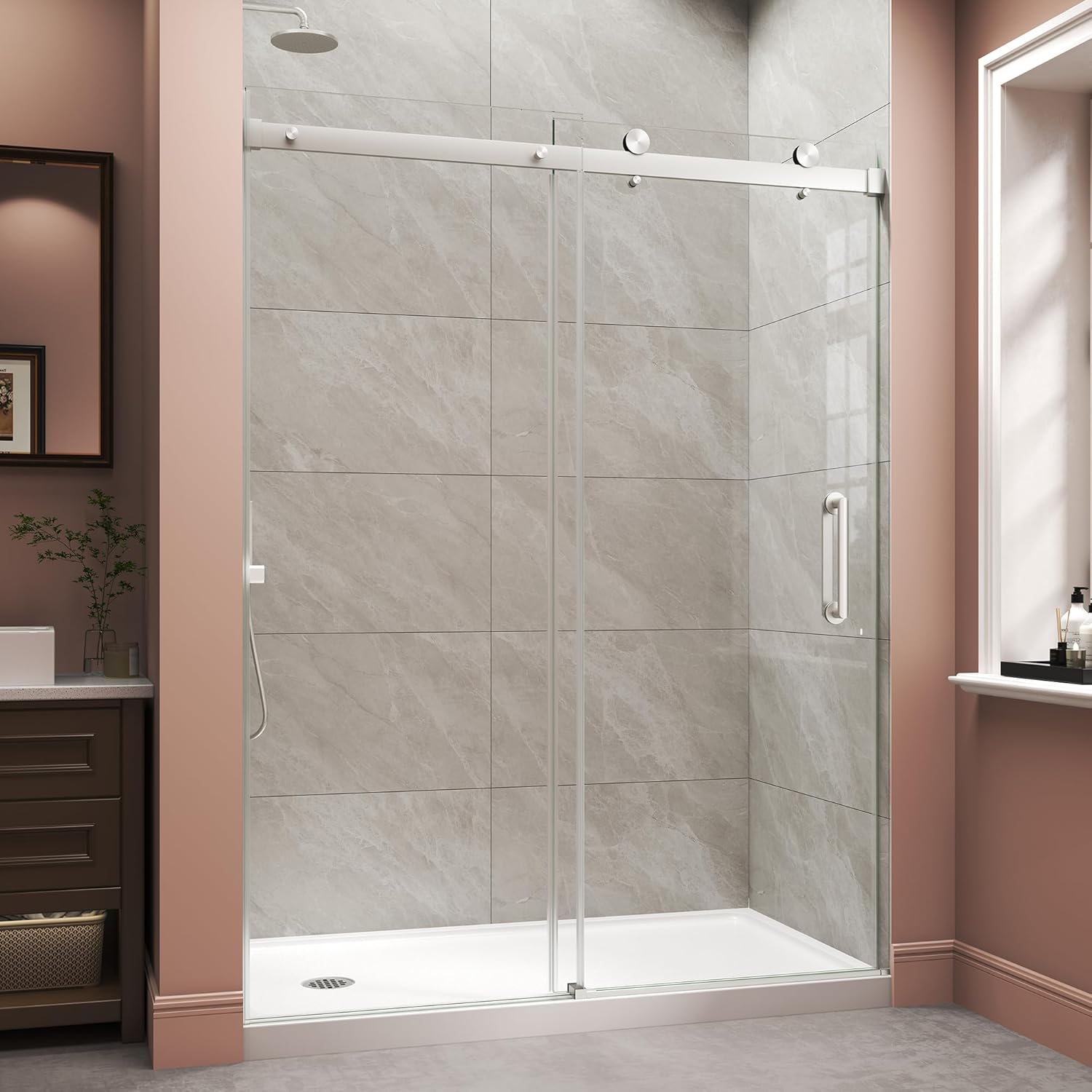 Frameless Shower Door,Single Sliding Glass Shower Door with Nano Coating & Safety Film, Adjustable 43"-48" W x 72" H, Brushed Nickel,1/4" (6mm) SGCC Tempered Glass
