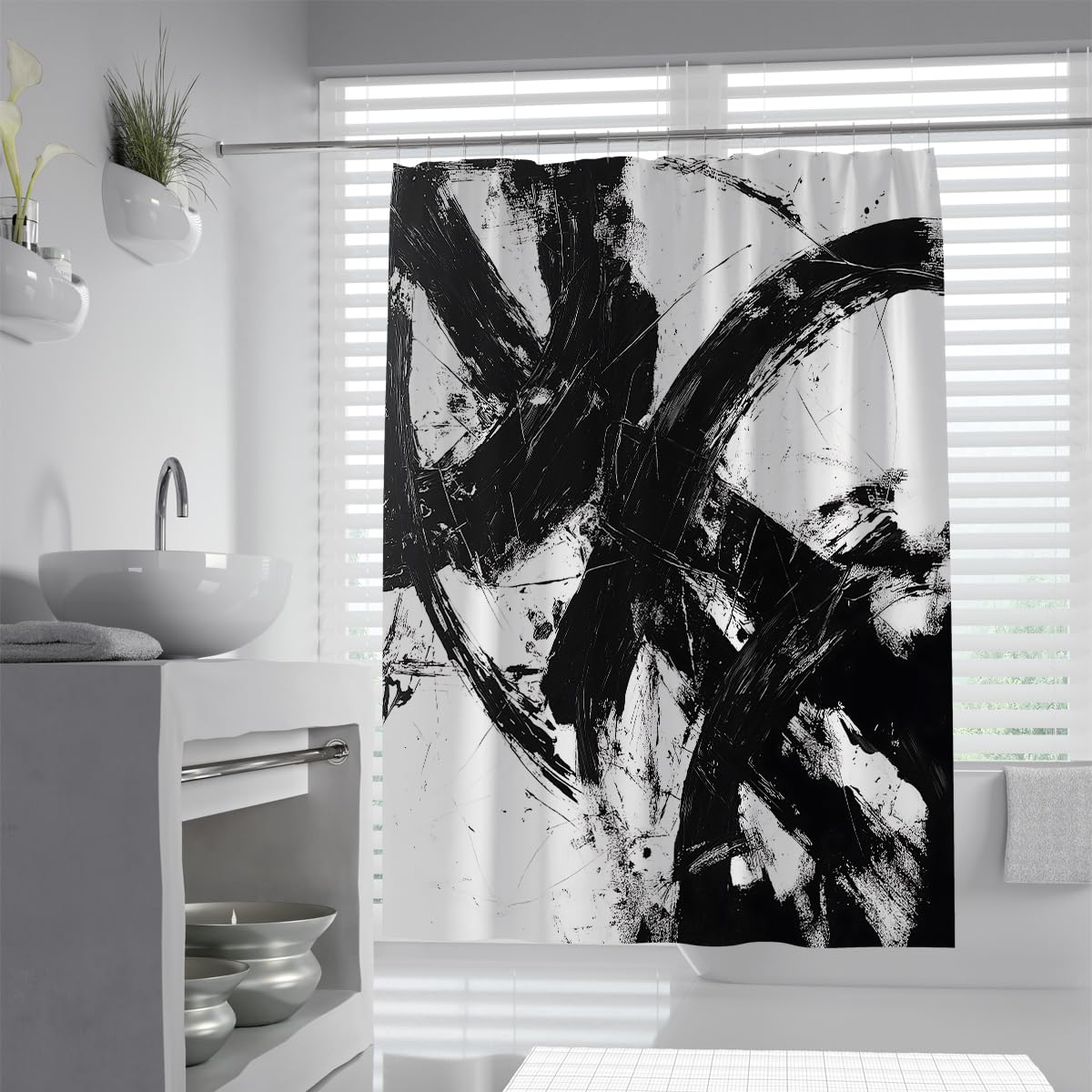 OLLIAR Home Black White Bathroom Shower Curtain Modern Abstract Contemporary Brushstroke Aesthetic Art Minimalist Polyester Fabric Shower Curtain with Hooks 240x180cm