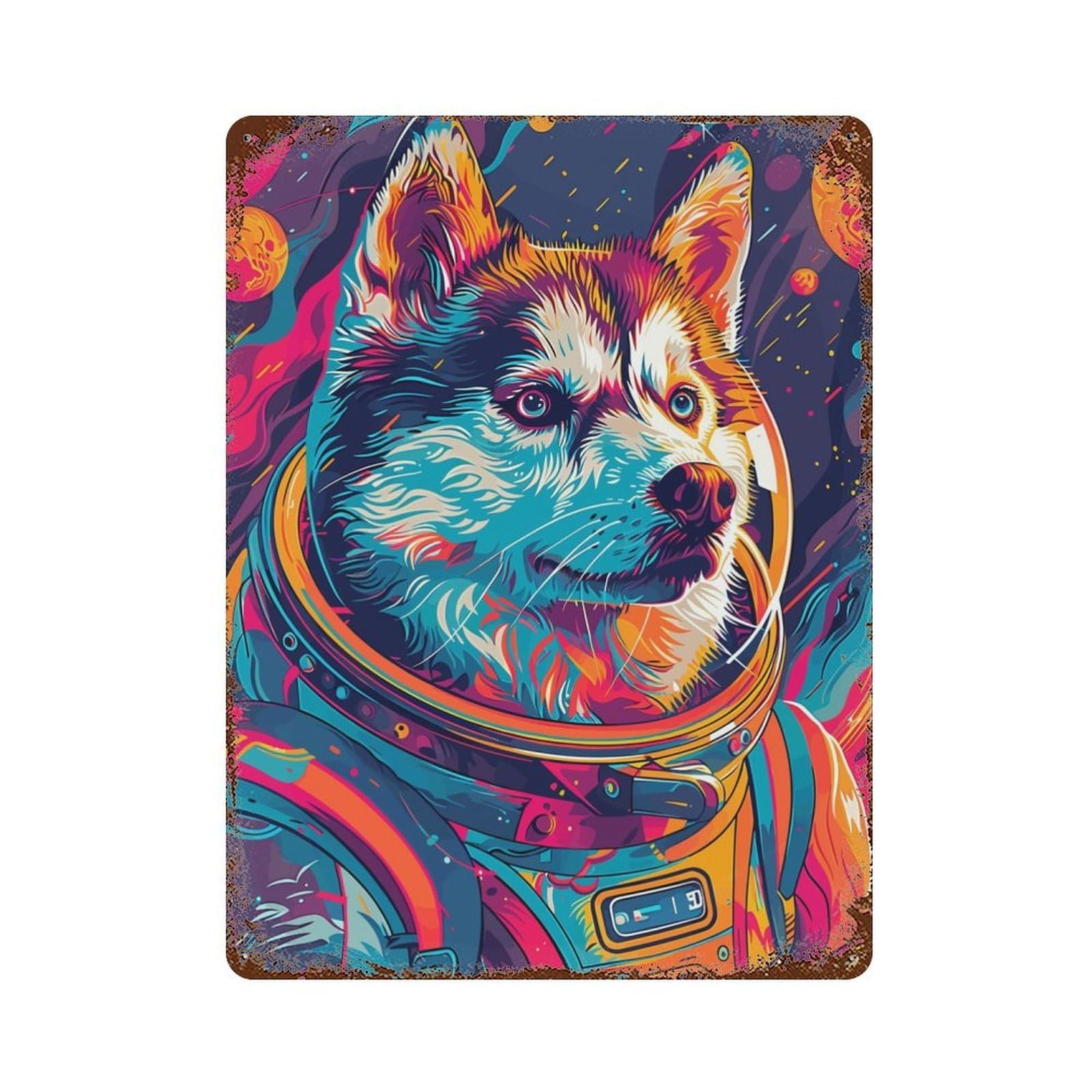 Astronaut Space Husky Vintage Wall Sign 15.7"x11.8", Rust Effect Metal Decor for Basement, Hobby Room And Garage Decor