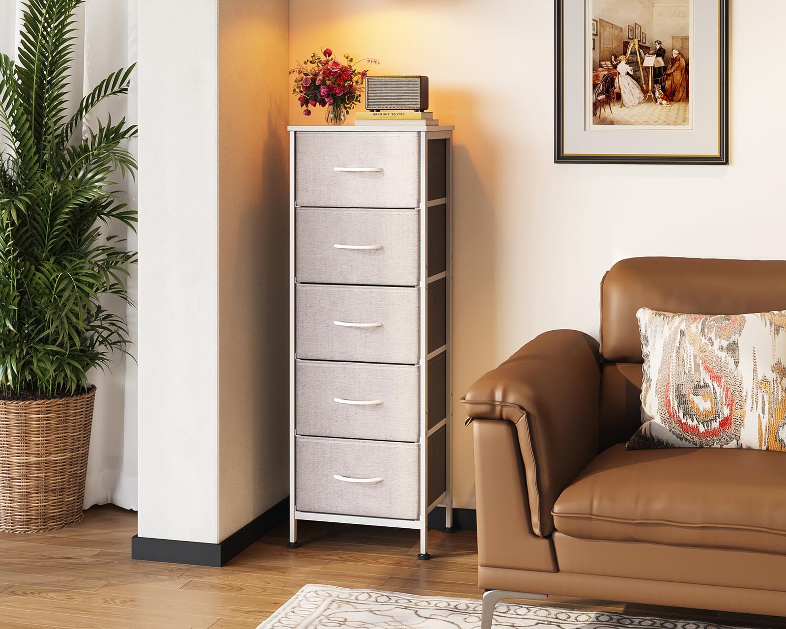 Coleshome Cassettiera Camera da Letto, Cassettiera Alta Piccola con 5 Cassetti in Tessuto, Robusta Struttura in Acciaio, Piano in Legno, Adatta per Camera da Letto e Soggiorno, Grigio Chiaro