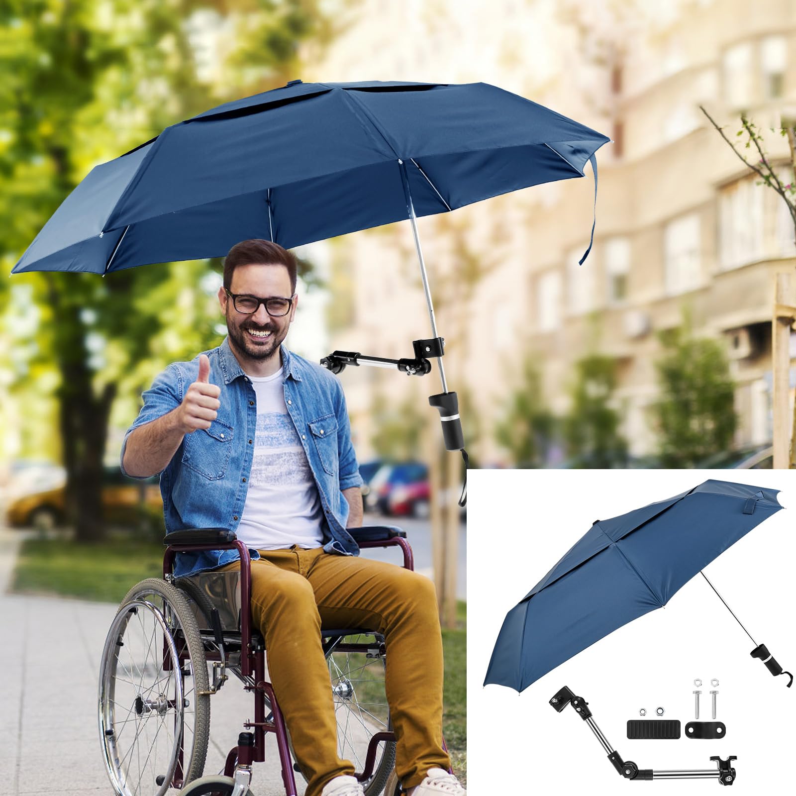 Rollstuhlschirm, 360° Verstellbarer Strandschirm mit Universalklemme, Faltbar Sonnenschutz Regenschutz,Wasserdicht Sonnenschirm,Regenschirm für Elektrische Rollstühle,für Terrasse und Strand