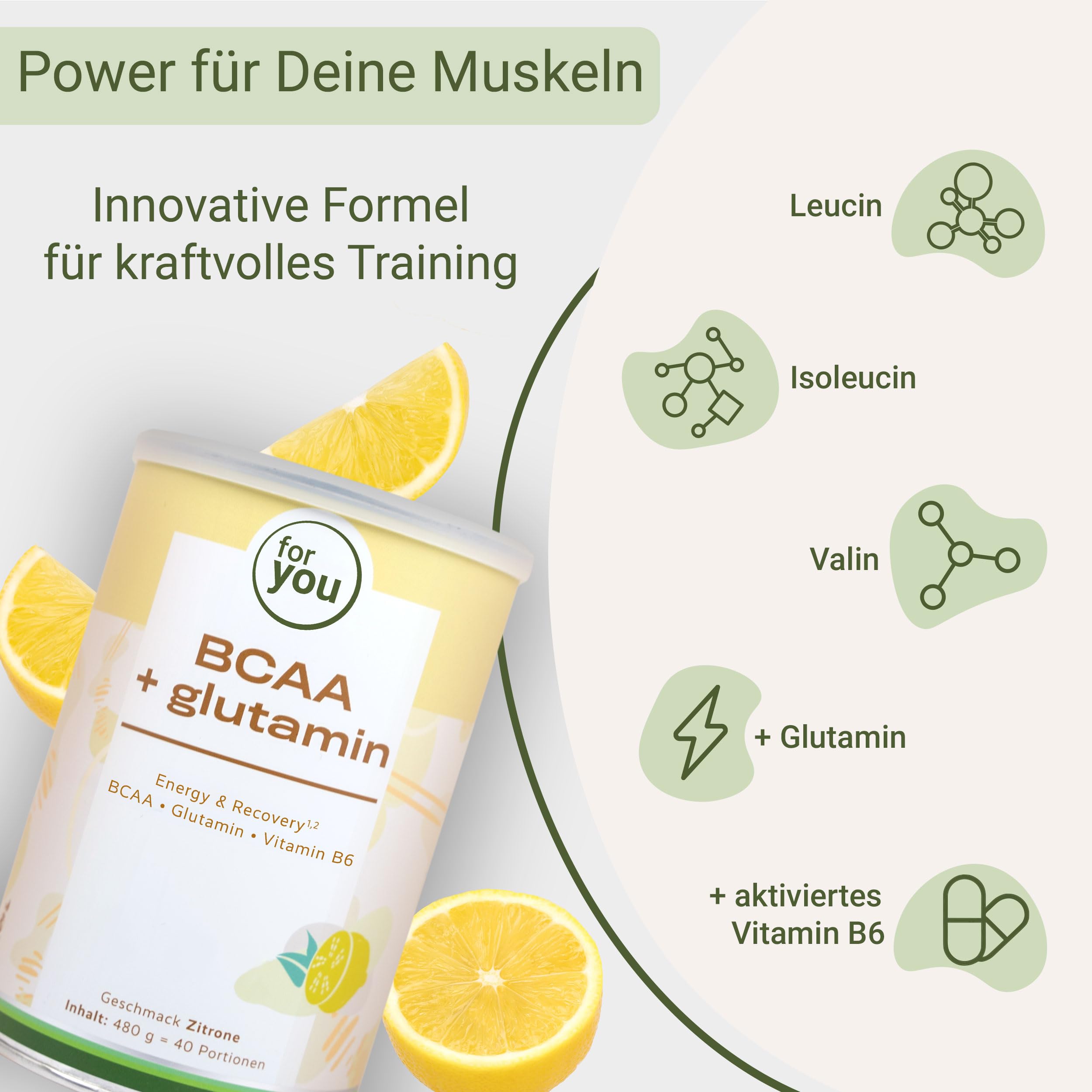 for you BCAA + Glutamin Energy & Recovery Doppelpack – Aminosäuren Pulver mit Vitamin B6 – Vegan & zuckerfrei – Für Muskelaufbau, Regeneration & Training – Sehr gut löslich – Geschmack Zitrone