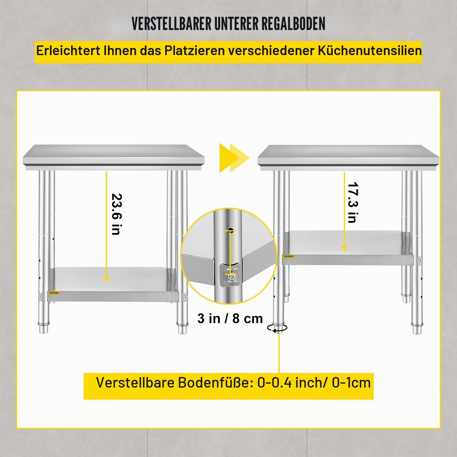 VEVOR Arbeitstisch Küche Edelstahl 60 x 76 x 80 cm Arbeitsplatte Küche in 2 Etagen Arbeitstisch aus Edelstahl für die Zubereitung von Speisen, Hotels, Büros, Krankenhäusern