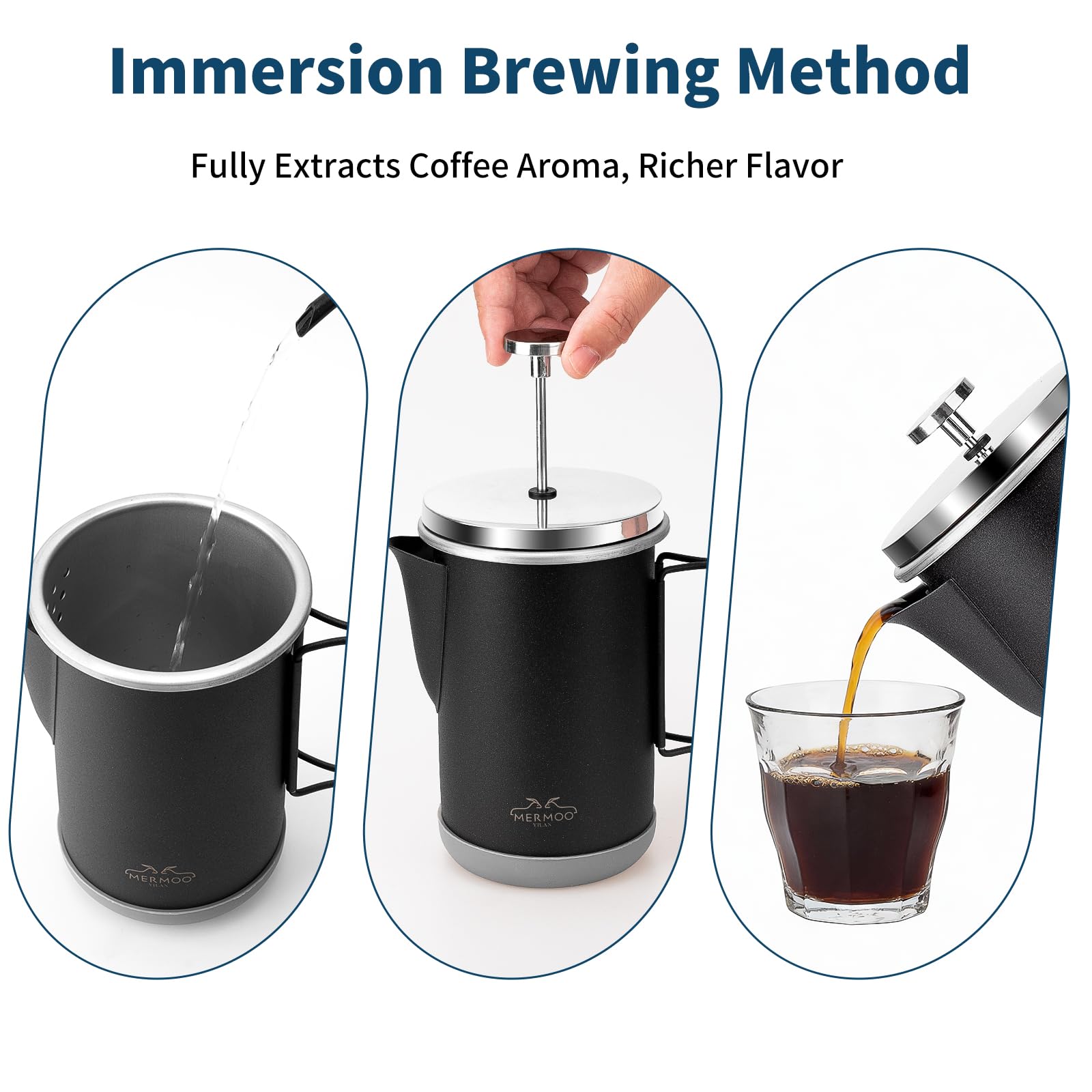 MERMOO YILAN French Press - Cafetera manual de 1000 ml para 4-6 tazas, mango plegable, prensa de café aislada portátil para camping, viajes, uso doméstico (plata)