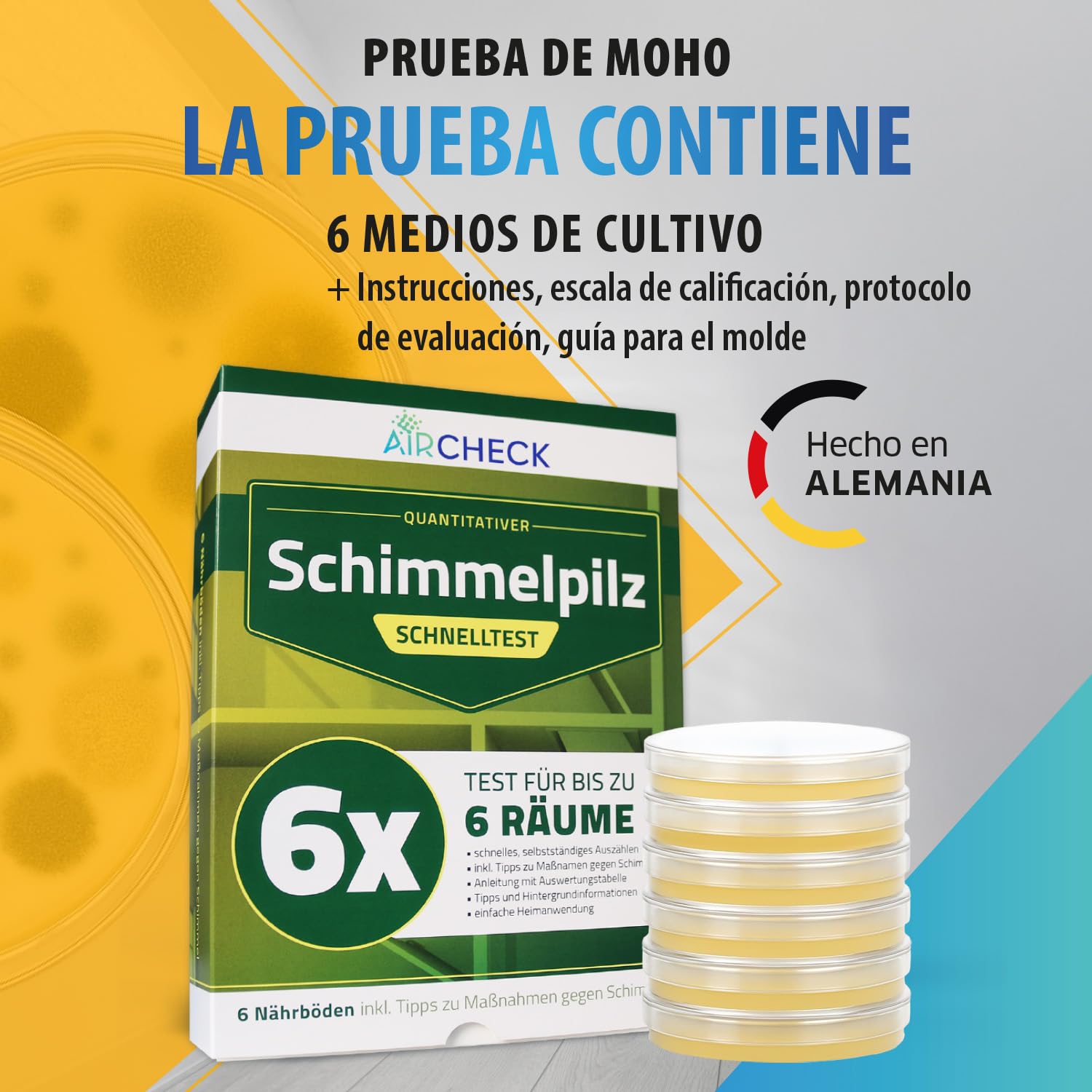 Prueba de moho en la vivienda – Tester de moho para hasta 6 habitaciones – Test rápido con placas de cultivo para evaluar el aire interior